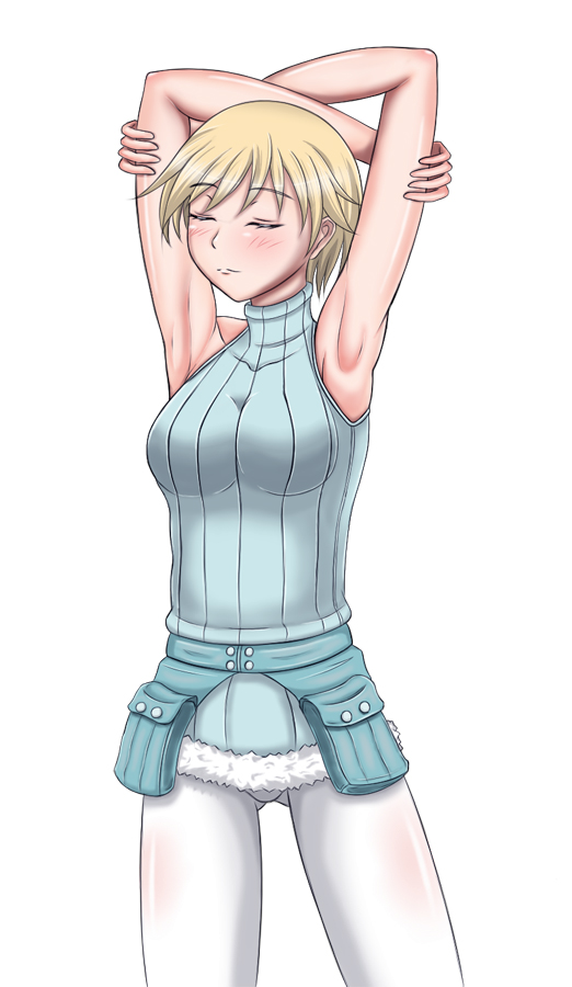monizumi ishikawa, nikka edvardine katajainen, brave witches, strike witches, world witches series, 00s, 10s, 1girl, armpits, arms behind head, arms up, blonde hair, breasts, closed eyes, female focus, medium breasts, pantyhose, short hair, simple background, sleeveless, sleeveless turtleneck, solo, turtleneck, white background, white pantyhose