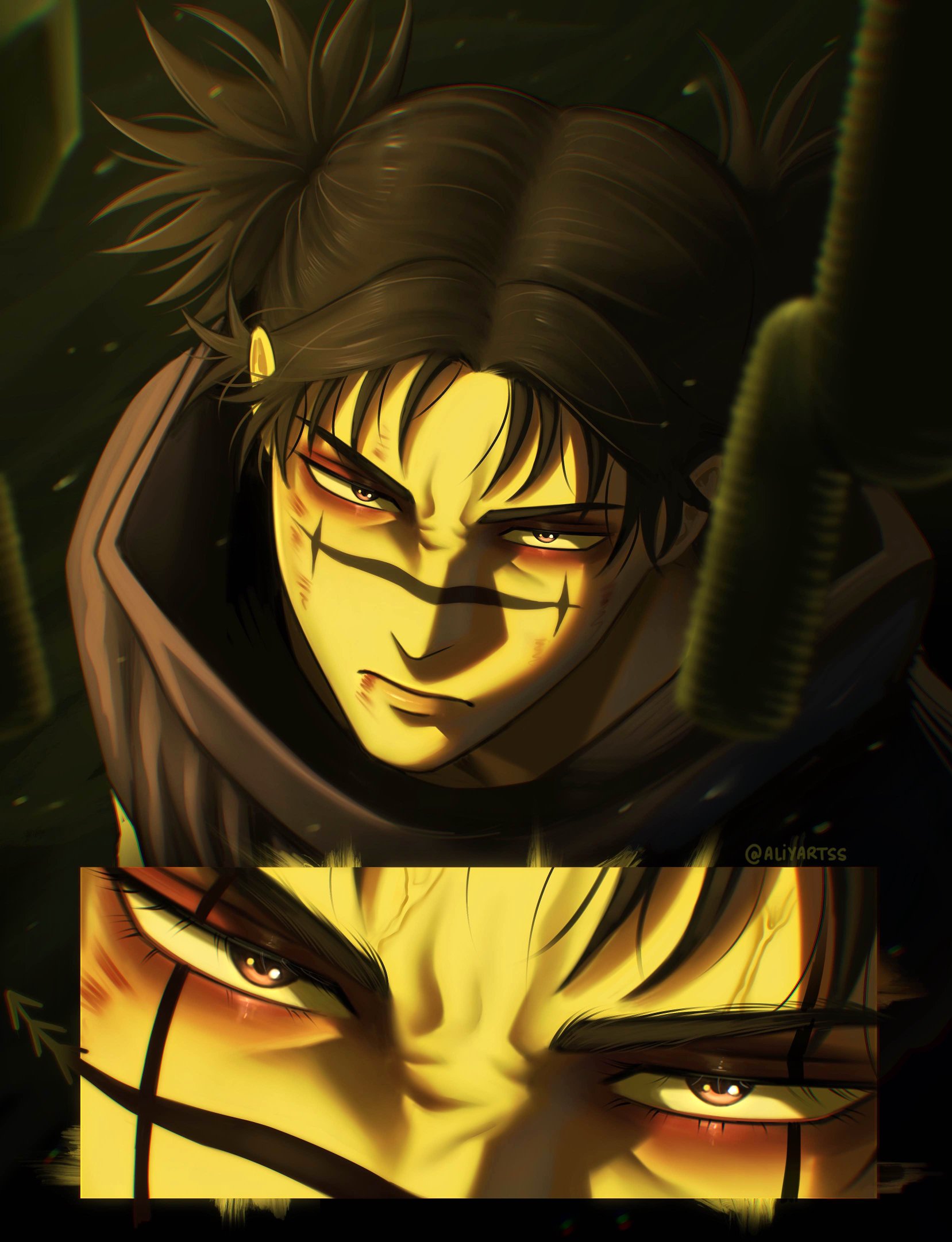 aliyartss, choso (jujutsu kaisen), jujutsu kaisen, hashtag-only commentary, highres, 1boy, black hair, blood, blood on face, brown eyes, closed mouth, facial mark, looking at viewer, male focus, short hair, short twintails, twintails, twitter username