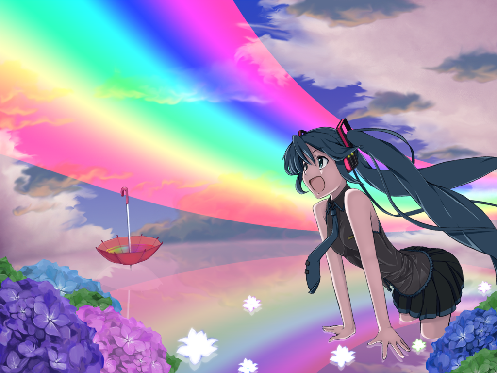 minazuki isami, hatsune miku, vocaloid, 1girl, aqua hair, female focus, flower, happy, hydrangea, long hair, nature, open mouth, outdoors, rainbow, sky, solo, twintails, umbrella, very long hair
