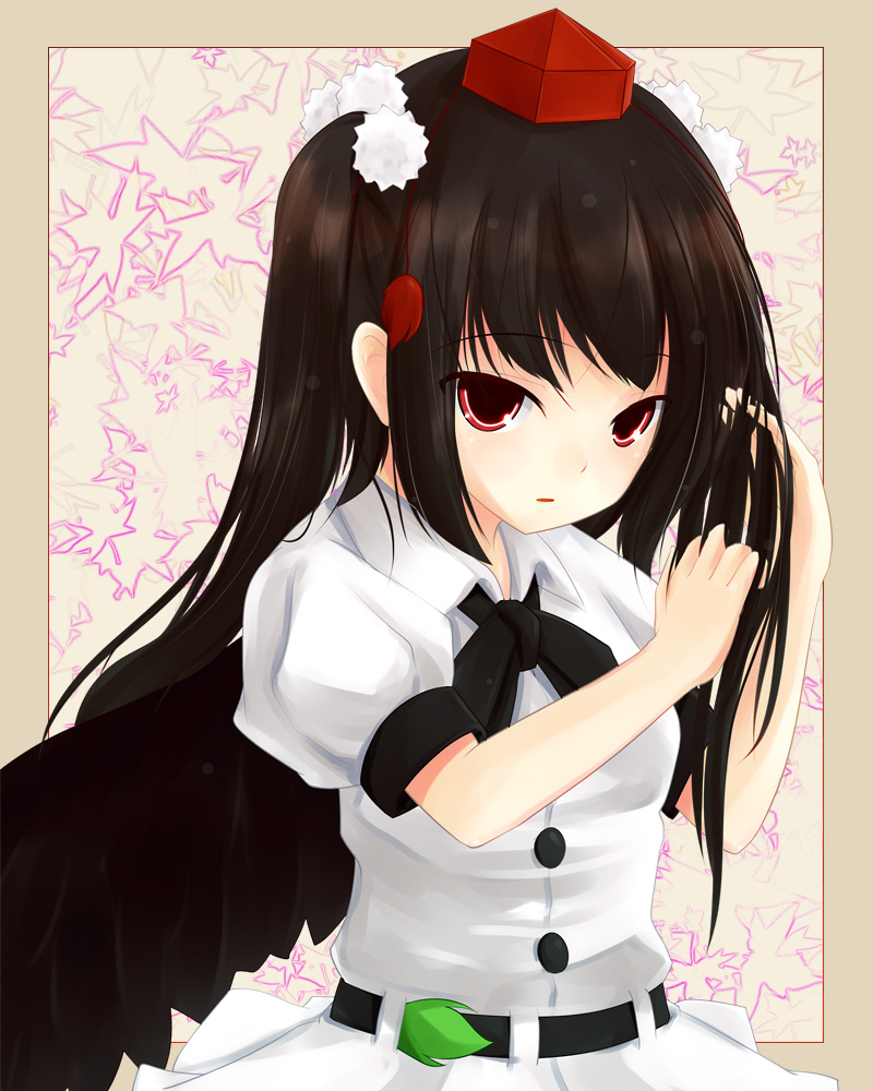 akai ronii, shameimaru aya, touhou, bad id, bad pixiv id, 1girl, alternate hair length, alternate hairstyle, black hair, black wings, border, female focus, hand in own hair, hat, long hair, looking at viewer, red eyes, shy, solo, tokin hat, tsurime, wings