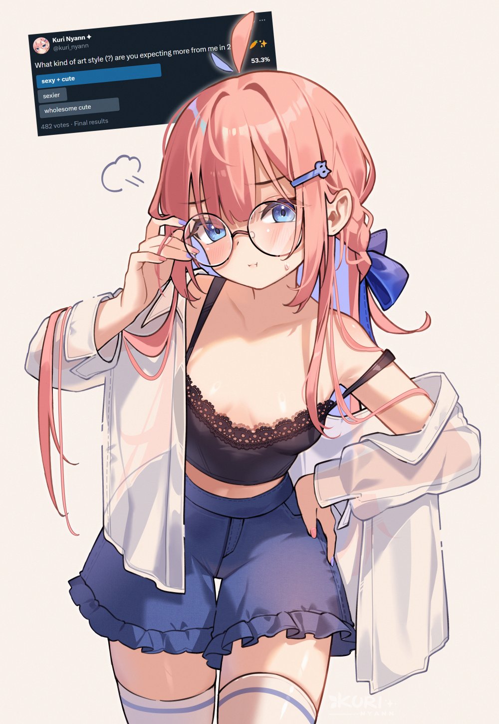 kuri (animejpholic), original, commentary, english commentary, highres, 1girl, :t, adjusting eyewear, bare shoulders, blue bow, blue eyes, blue nails, blue shorts, bow, bra, breasts, breasts apart, collarbone, collared shirt, cowboy shot, english text, frilled shorts, frills, glasses, hair bow, hair ornament, hairclip, hand on own hip, hand up, lace, lace-trimmed bra, lace trim, long hair, long sleeves, looking at viewer, midriff peek, nail polish, open clothes, open shirt, pink hair, pink nails, poll, pout, puff of air, round eyewear, shirt, short shorts, shorts, simple background, small breasts, solo, thighhighs, twitter screenshot, unbuttoned, unbuttoned shirt, underwear, white background, white shirt, white thighhighs