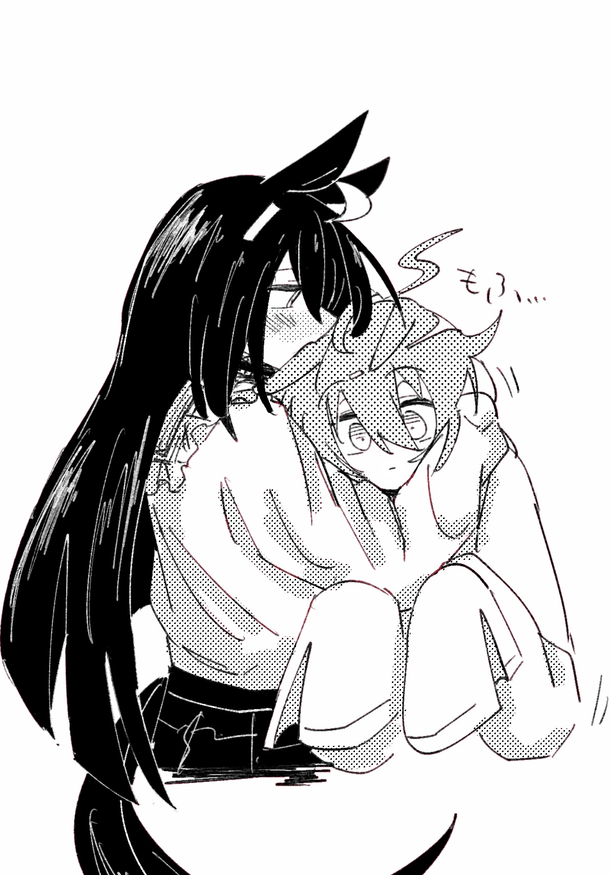 gachitamago, agnes tachyon (umamusume), manhattan cafe (umamusume), umamusume, highres, 2girls, ahoge, animal ears, blunt ends, blush, closed mouth, ear ornament, ear tag, earrings, expressionless, frilled shirt, frills, hair between eyes, hands up, horse ears, horse girl, horse tail, hug, jewelry, long hair, long sleeves, multicolored hair, multiple girls, plaid clothes, plaid skirt, shirt, shirt tucked in, simple background, single earring, skirt, sleeves past fingers, sleeves past wrists, tail, very long hair, white background, yuri