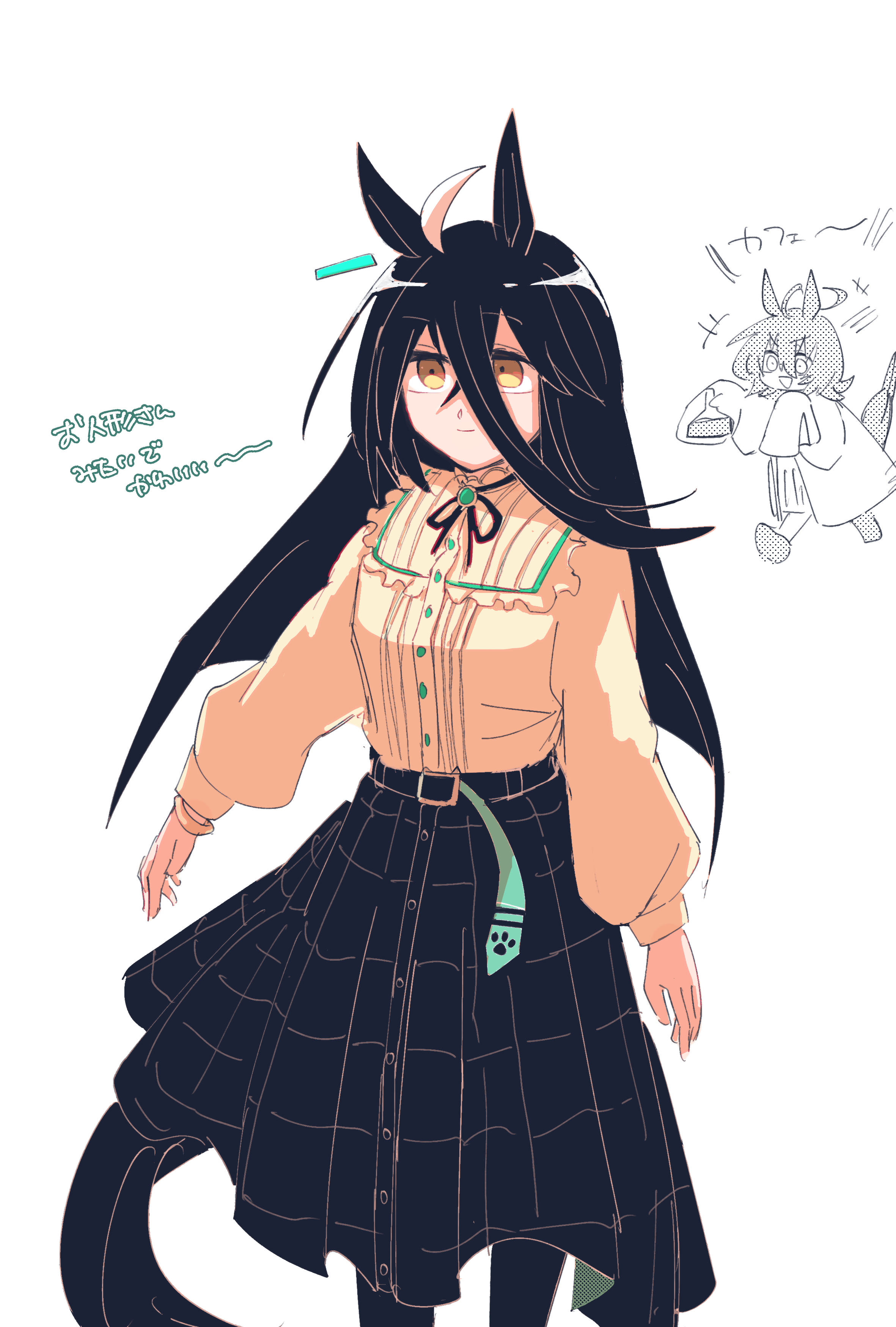 gachitamago, agnes tachyon (umamusume), manhattan cafe (umamusume), umamusume, absurdres, highres, translation request, 2girls, ahoge, animal ears, belt, black belt, black ribbon, black skirt, blonde hair, blunt ends, closed mouth, erlenmeyer flask, flask, frilled shirt, frills, hair between eyes, holding, holding flask, horse ears, horse girl, horse tail, long hair, long hair between eyes, long sleeves, multicolored hair, multiple girls, neck ribbon, plaid clothes, plaid skirt, ribbon, shirt, shirt tucked in, short hair, simple background, skirt, smile, tail, very long hair, white background, white hair, yellow eyes, yellow shirt