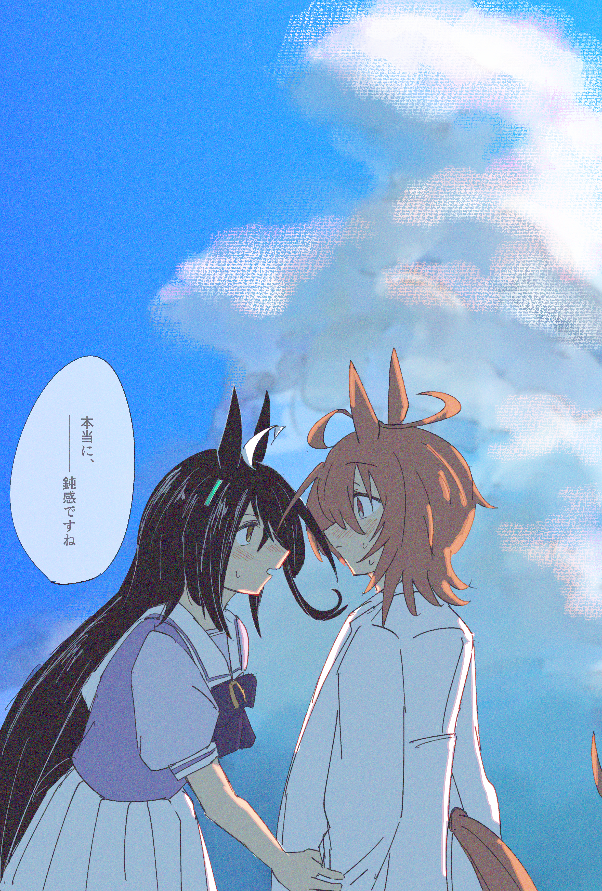 gachitamago, agnes tachyon (umamusume), manhattan cafe (umamusume), umamusume, absurdres, highres, translation request, 2girls, ahoge, animal ears, blonde hair, blue sky, bow, bowtie, brown hair, closed mouth, cloud, coat, hair between eyes, high heels, horse ears, horse girl, horse tail, huge ahoge, lab coat, long hair between eyes, looking at another, multicolored hair, multiple girls, parted lips, pleated skirt, puffy short sleeves, puffy sleeves, purple bow, purple bowtie, purple shirt, red eyes, sailor collar, shirt, shirt tucked in, short hair, short sleeves, skirt, sky, speech bubble, tail, white coat, white hair, white sailor collar, white skirt, yellow eyes, yuri