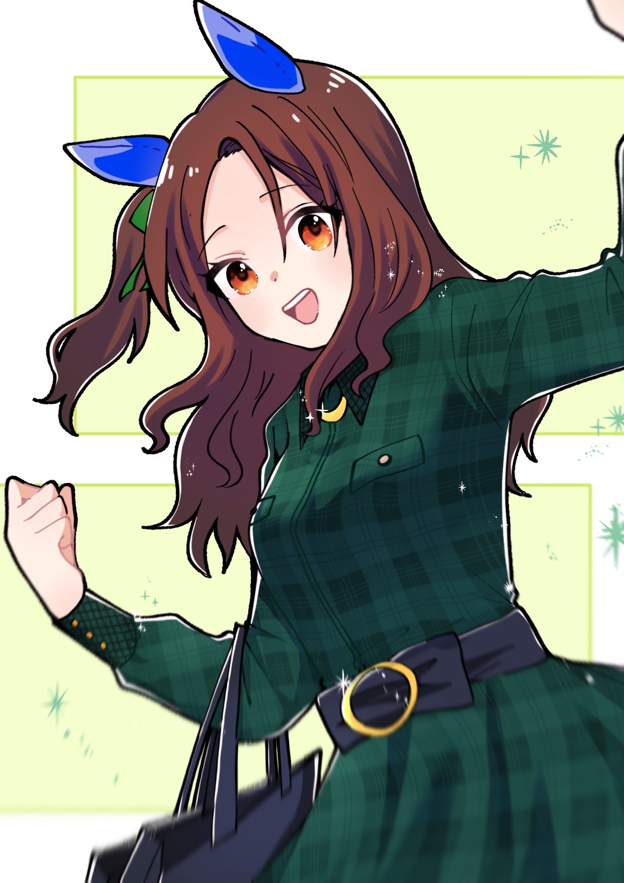 segawa rui, king halo (umamusume), umamusume, commentary request, highres, 1girl, animal ears, bag, black bow, blush, bow, breasts, brown hair, dress, ear bow, ear covers, ear ribbon, green bow, green dress, hair between eyes, horse ears, horse girl, long hair, long sleeves, looking at viewer, no tail, official alternate costume, open mouth, red eyes, shopping bag, smile, solo