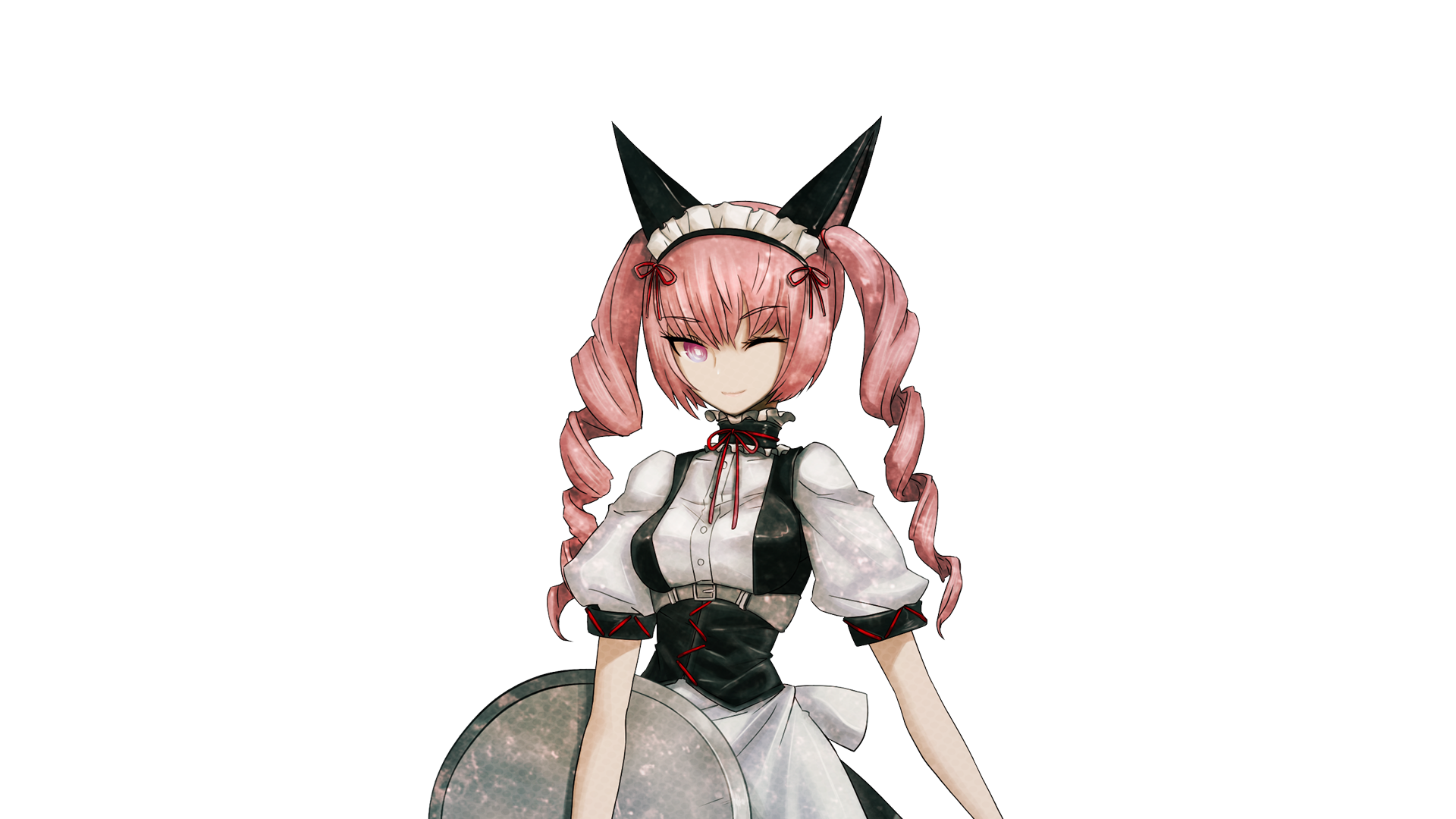 huke, akiha rumiho, science adventure, steins;gate, game cg, highres, official art, 1girl, animal ear hairband, animal ears, apron, back bow, belt around waist, belt buckle, bow, breasts, buckle, buttons, cat ears, closed mouth, collar, dress, drill hair, fake animal ears, frilled collar, frilled dress, frilled hairband, frills, hair between eyes, hairband, holding, holding tray, long hair, maid, maid apron, maid headdress, mayqueen maid uniform, one eye closed, pink eyes, pink hair, pink lips, puffy short sleeves, puffy sleeves, red ribbon, ribbon, ribbon-trimmed collar, ribbon-trimmed corset, ribbon-trimmed hairband, ribbon-trimmed sleeves, ribbon trim, ringed eyes, short sleeves, small breasts, solo, sprite, tray, tsurime, twin drills, twintails, white apron, white bow, white dress, white wrist cuffs, wrist cuffs
