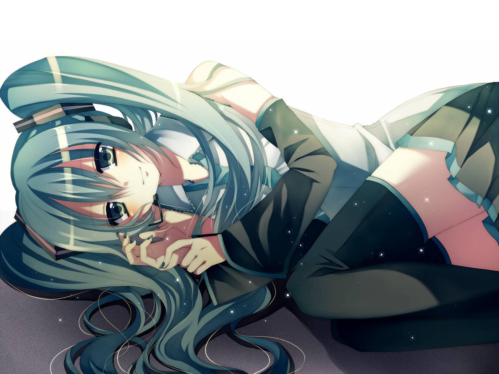 tsukioka tsukiho, hatsune miku, vocaloid, bad id, bad pixiv id, highres, 1girl, aqua eyes, aqua hair, blush, detached sleeves, female focus, headset, long hair, looking at viewer, lying, necktie, on side, skirt, smile, solo, thighhighs, twintails, zettai ryouiki