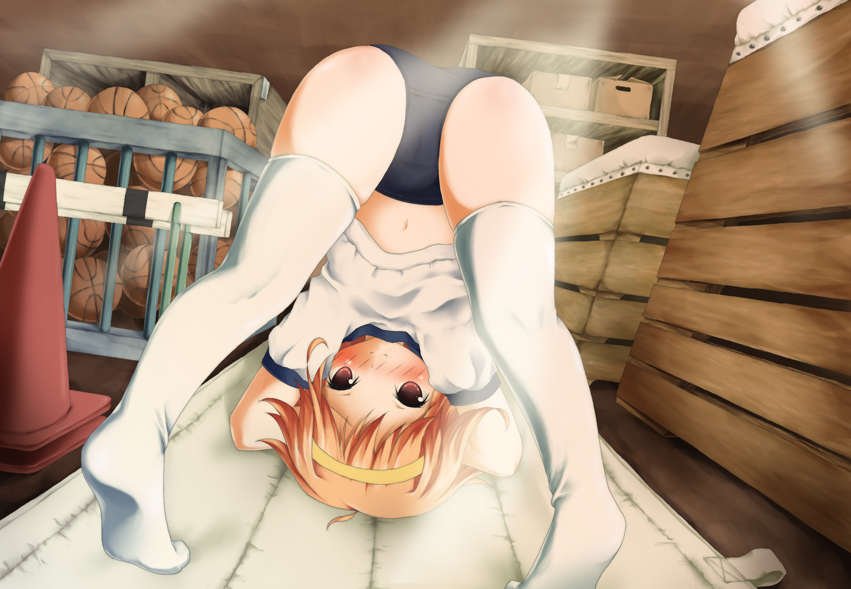 kyohei, original, bad id, bad pixiv id, highres, 1girl, ass, blush, brown eyes, buruma, female focus, gym uniform, loli, navel, orange hair, short hair, solo, thighhighs, top-down bottom-up