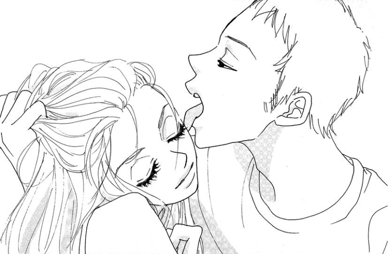 artist request, character request, copyright request, scan, source request, 1boy, 1girl, closed eyes, comic, couple, licking, long hair, monochrome, smile, tongue