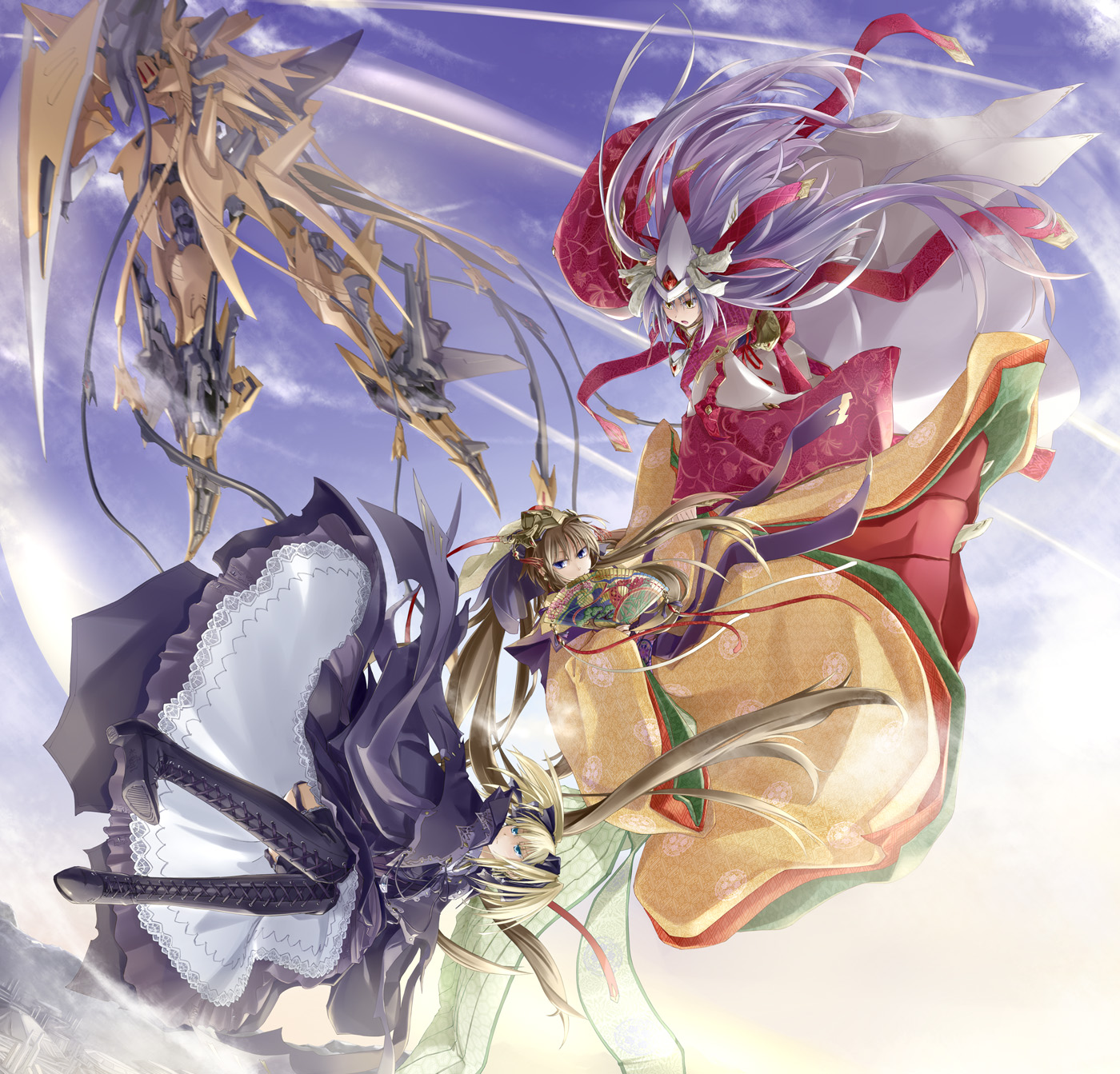 tomo (machinemess), five star stories, original, bad id, bad pixiv id, highres, 3girls, blonde hair, blue eyes, boots, brown hair, dress, falling, hair ribbon, hand fan, headdress, long hair, mecha, multiple girls, purple hair, ribbon, robot, thigh boots, thighhighs, very long hair, yellow eyes