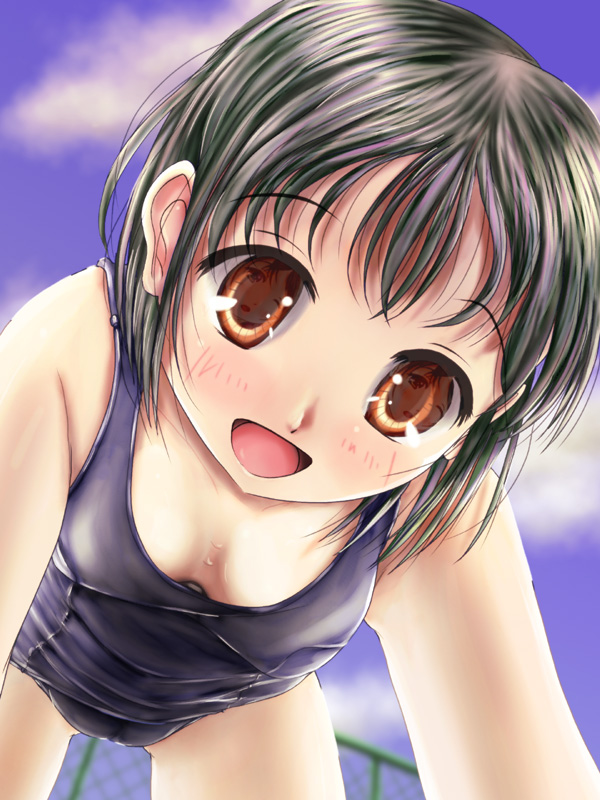 phazer, original, bad id, bad pixiv id, 1girl, all fours, black hair, blush, breasts, brown eyes, female focus, medium breasts, one-piece swimsuit, school swimsuit, short hair, solo, swimsuit