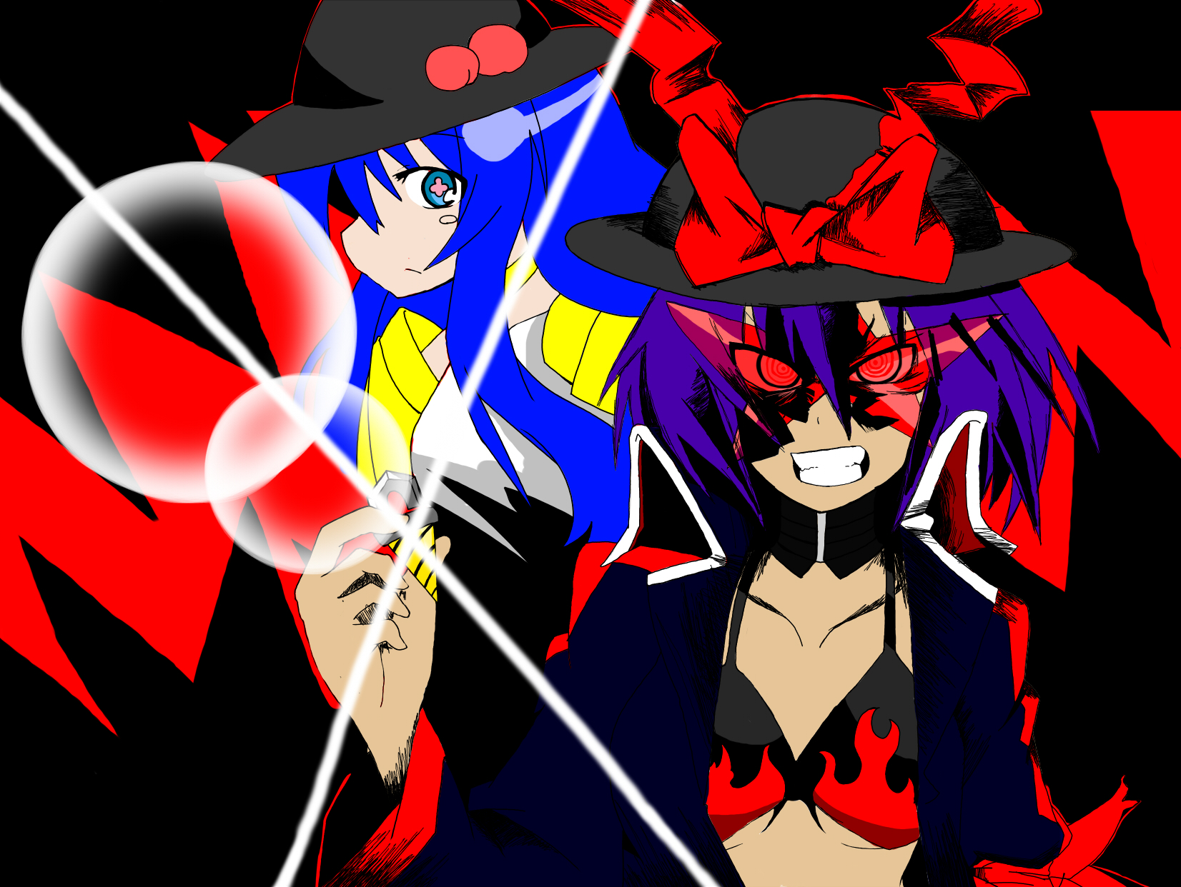 hati105, hinanawi tenshi, nagae iku, nia teppelin, simon (ttgl), tengen toppa gurren lagann, touhou, bad id, bad pixiv id, highres, + +, @ @, crossover, kamina shades, parody, style parody, symbol-shaped pupils