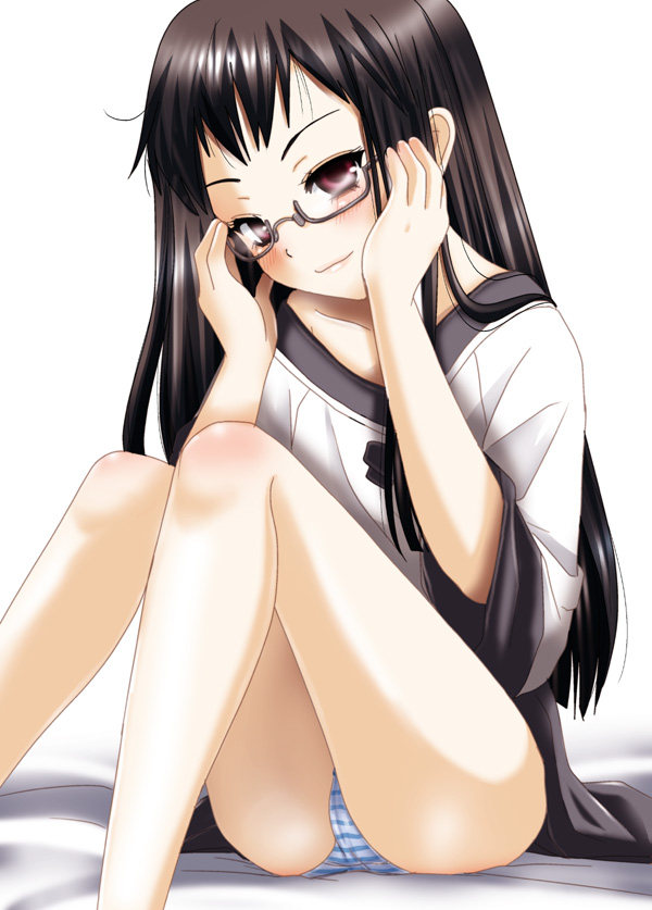 inumori sayaka, chroah vatel, jakuri (ar tonelico), ar tonelico, ar tonelico ii, gust, 1girl, bespectacled, black hair, blush, chroah vatel (cosplay), cosplay, female focus, glasses, long hair, panties, red eyes, solo, striped clothes, striped panties, underwear