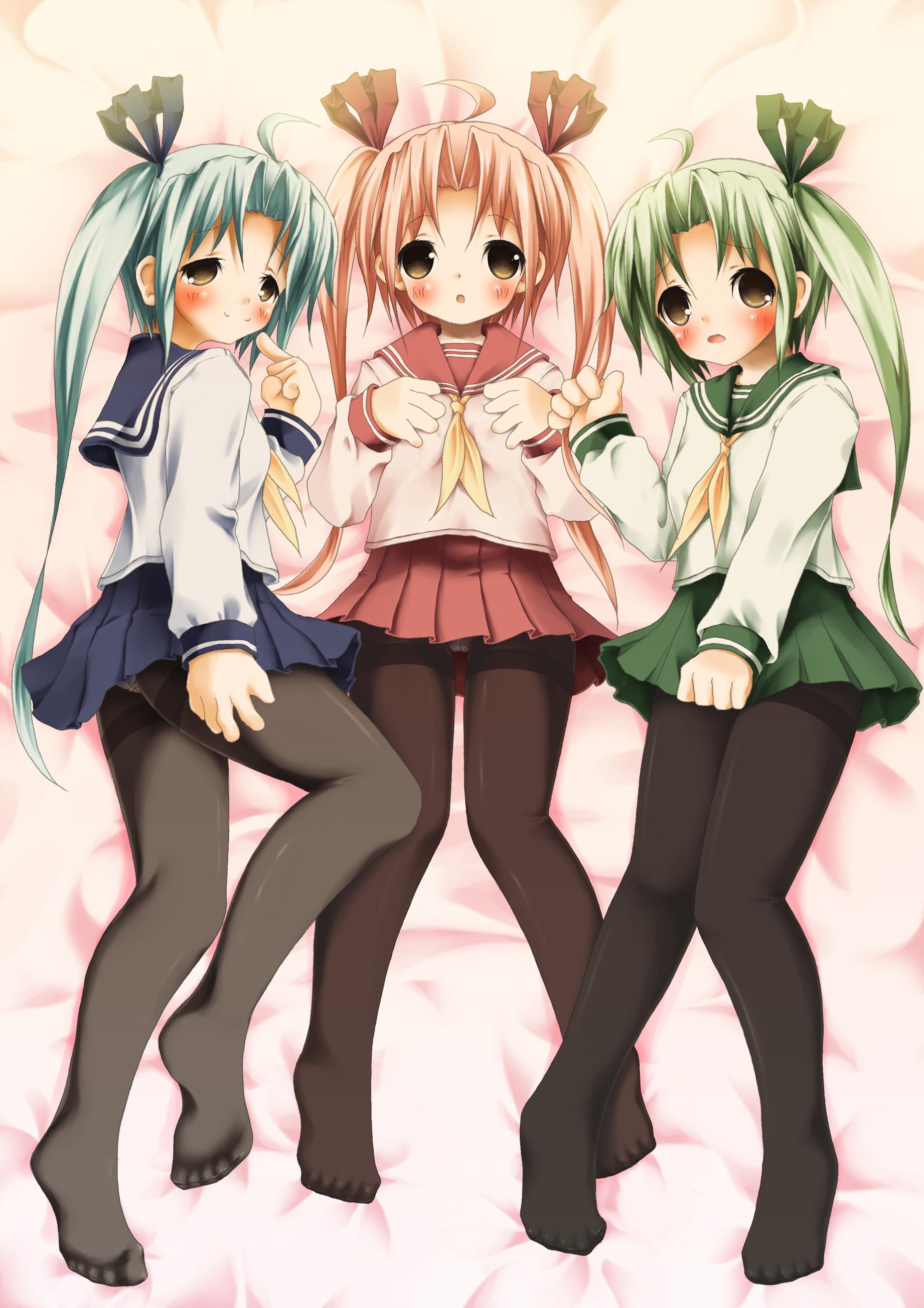kyohei, original, black legwear, absurdres, bad id, bad pixiv id, highres, 3girls, bad anatomy, blush, brown eyes, crotch seam, feet, green hair, long hair, lying, multiple girls, panties, panties under pantyhose, pantyhose, pink hair, poorly drawn, ribbon, school uniform, thighband pantyhose, twintails, underwear