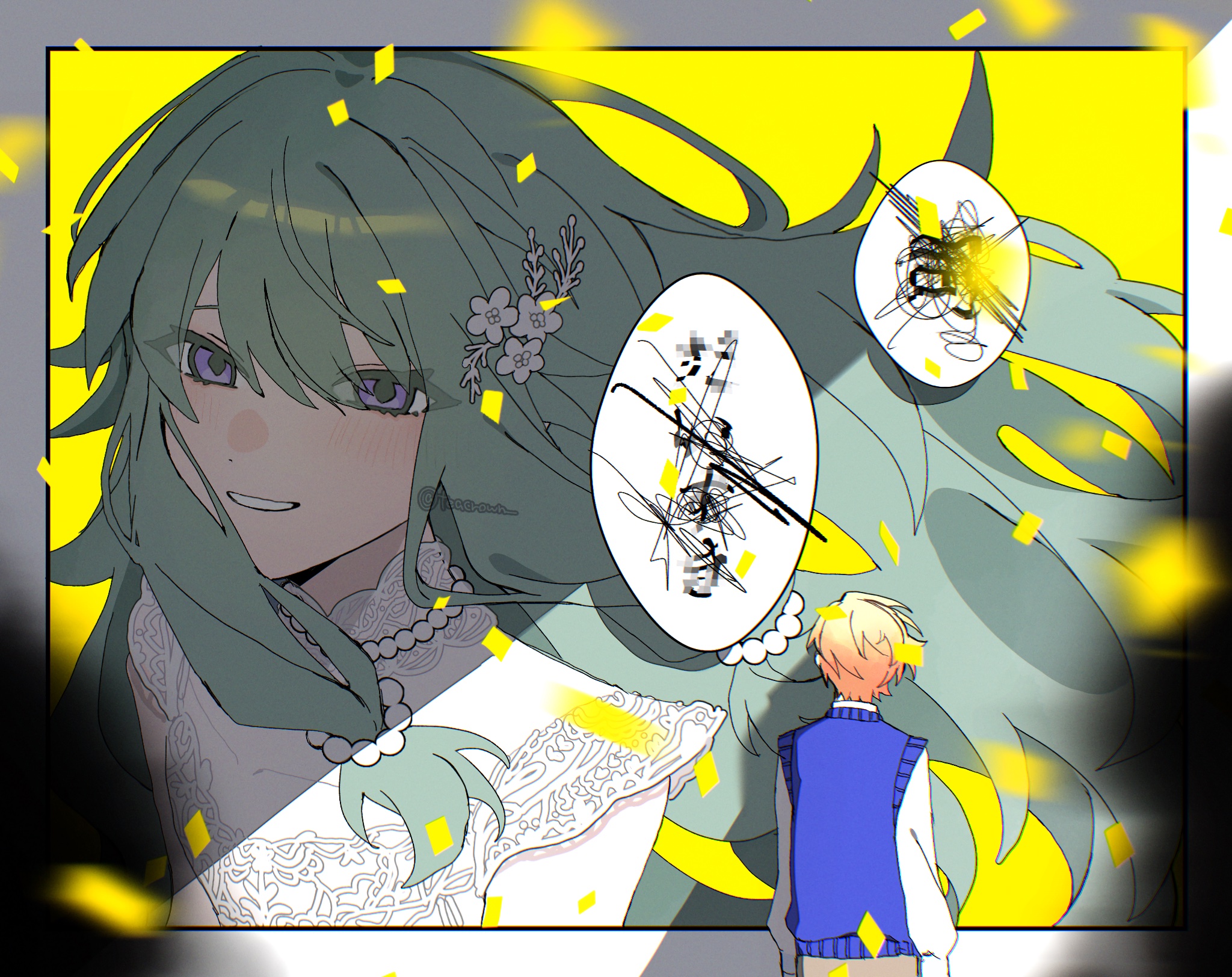 teacrown, kusanagi nene, tenma tsukasa, project sekai, check commentary, commentary request, highres, partial commentary, 1boy, 1girl, blonde hair, blue sweater vest, blurry, blurry foreground, blush, brown pants, confetti, covered collarbone, dot nose, dress, floating hair, flower, from behind, gradient hair, green hair, hair between eyes, hair branch, hair flower, hair ornament, jewelry, long hair, long sidelocks, long sleeves, looking at viewer, low-tied sidelocks, minna de haishin wedding live! (project sekai), multicolored hair, necklace, orange hair, pants, parted lips, pearl necklace, purple eyes, see-through clothes, see-through dress, shirt, short hair, sidelighting, sidelocks, sleeveless, sleeveless dress, smile, speech bubble, sweater vest, twitter username, upper body, very short hair, white dress, white flower, white shirt, wind, yellow background