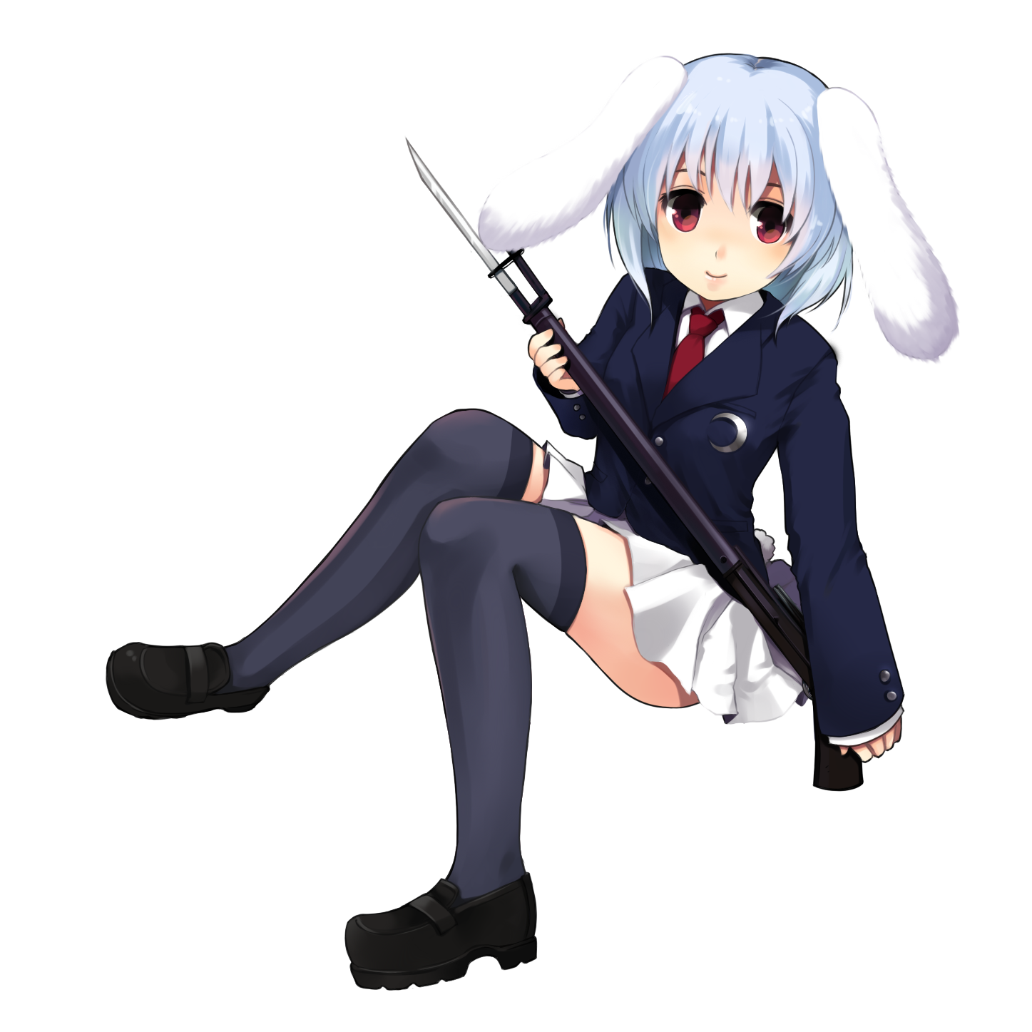 jing hu, reisen, touhou, bad id, bad pixiv id, highres, 1girl, animal ears, female focus, full body, gun, rabbit ears, red eyes, rifle, short hair, solo, thighhighs, transparent background, weapon