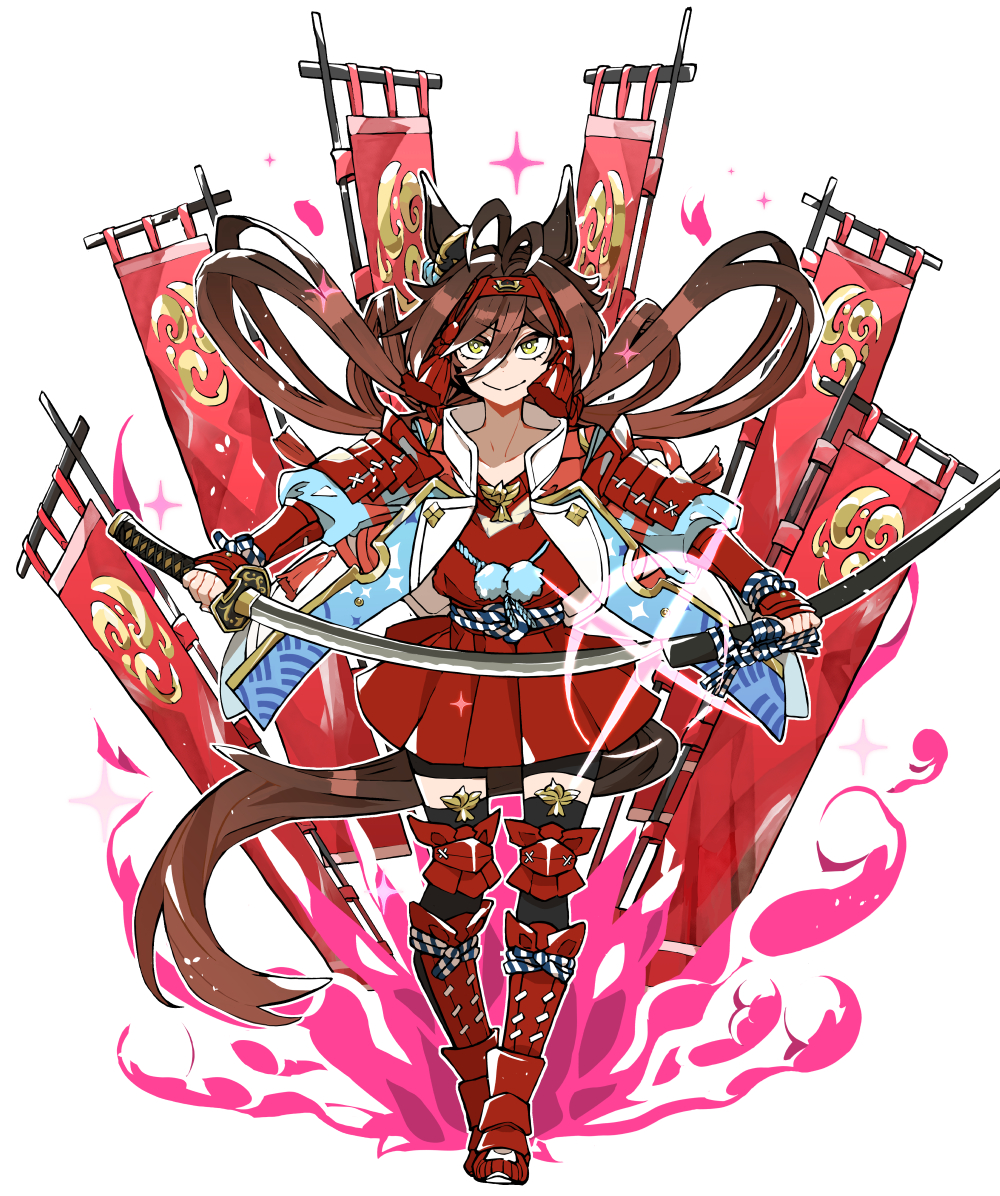 asuka (junerabitts), no reason (speedy red armor) (umamusume), no reason (umamusume), umamusume, 1girl, animal ears, antenna hair, arm guards, armor, black thighhighs, blue coat, boots, breasts, brown hair, closed mouth, coat, flag, hair between eyes, headband, holding, holding sword, holding weapon, horse ears, horse girl, horse tail, jacket, japanese armor, katana, long hair, looking at viewer, red armor, red boots, red headband, rope, skirt, smile, solo, sword, tail, thighhighs, weapon, yellow eyes