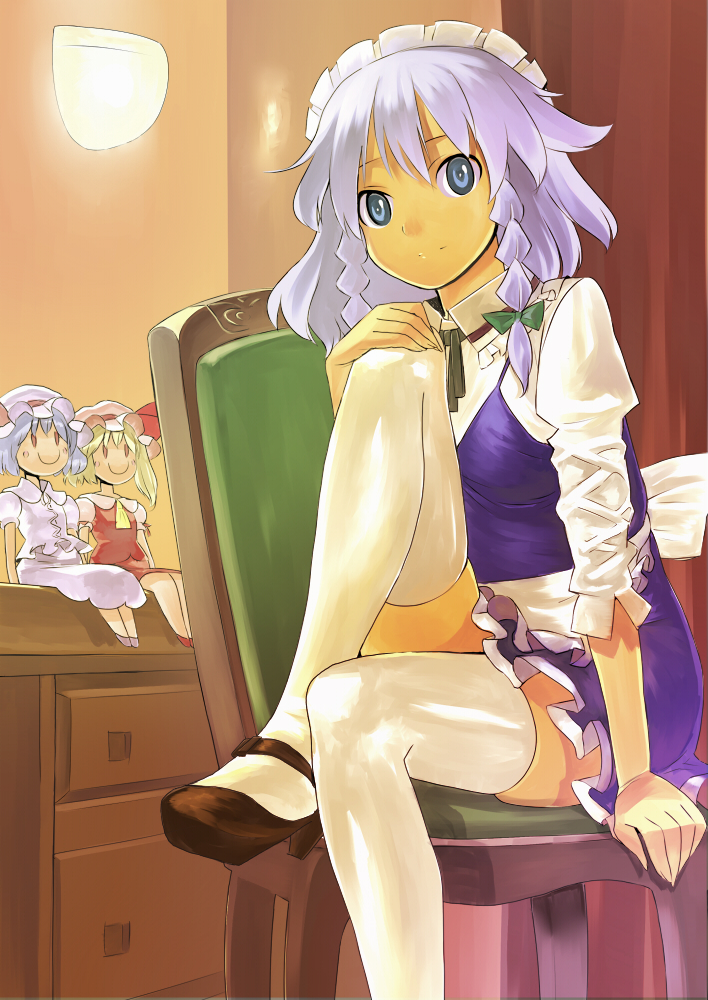 yaten, flandre scarlet, izayoi sakuya, remilia scarlet, touhou, silver hair, 1girl, blue eyes, braid, character doll, doll, female focus, hairband, maid, short hair, smile, solo, thighhighs, twin braids