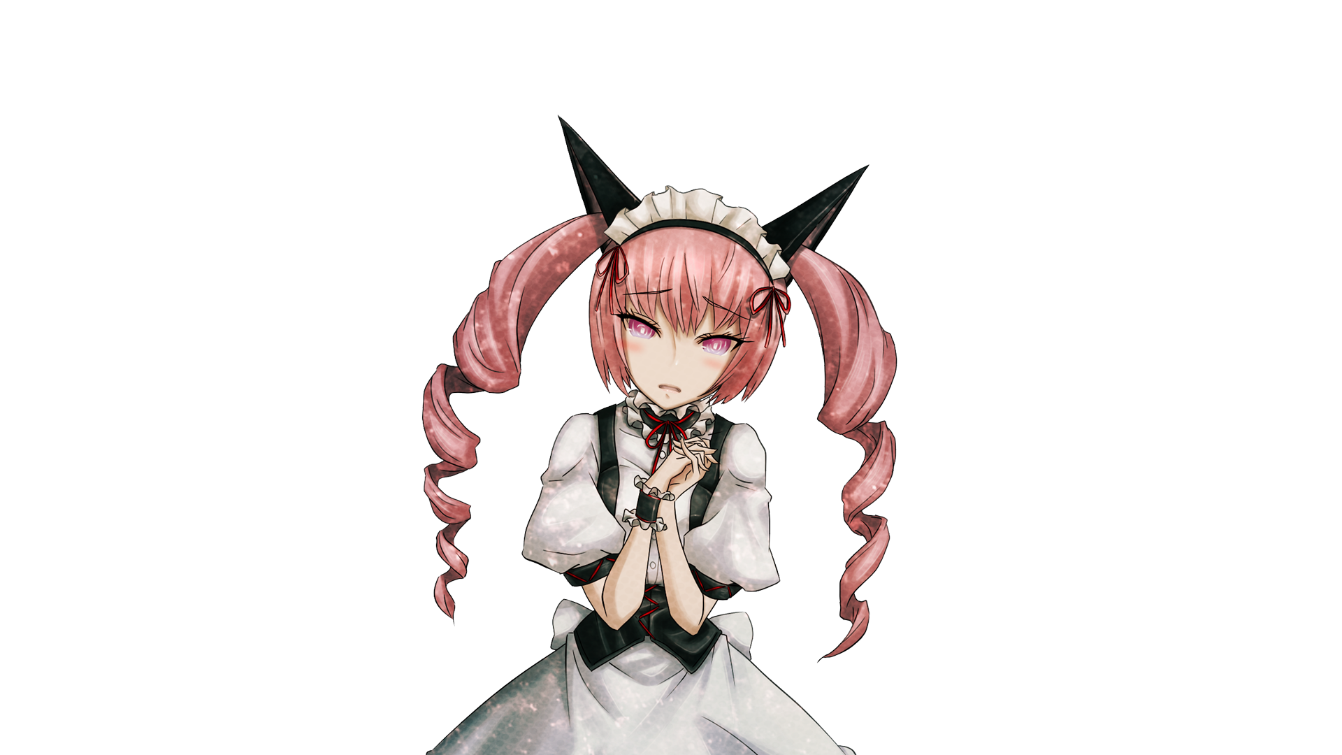 huke, akiha rumiho, science adventure, steins;gate, shiny lips, game cg, highres, non-web source, official art, 1girl, animal ear hairband, animal ears, apron, back bow, belt around waist, belt buckle, blush, bow, breasts, buckle, buttons, cat ears, collar, dress, drill hair, fake animal ears, frilled collar, frilled dress, frilled hairband, frills, frown, hair between eyes, hairband, interlocked fingers, long hair, looking at viewer, maid, maid apron, maid headdress, mayqueen maid uniform, narrowed eyes, own hands together, pink eyes, pink hair, pink lips, puffy short sleeves, puffy sleeves, red ribbon, ribbon, ribbon-trimmed collar, ribbon-trimmed corset, ribbon-trimmed hairband, ribbon-trimmed sleeves, ribbon trim, ringed eyes, short sleeves, small breasts, solo, sprite, transparent background, tsurime, twin drills, twintails, white apron, white bow, white dress, white wrist cuffs, wrist cuffs