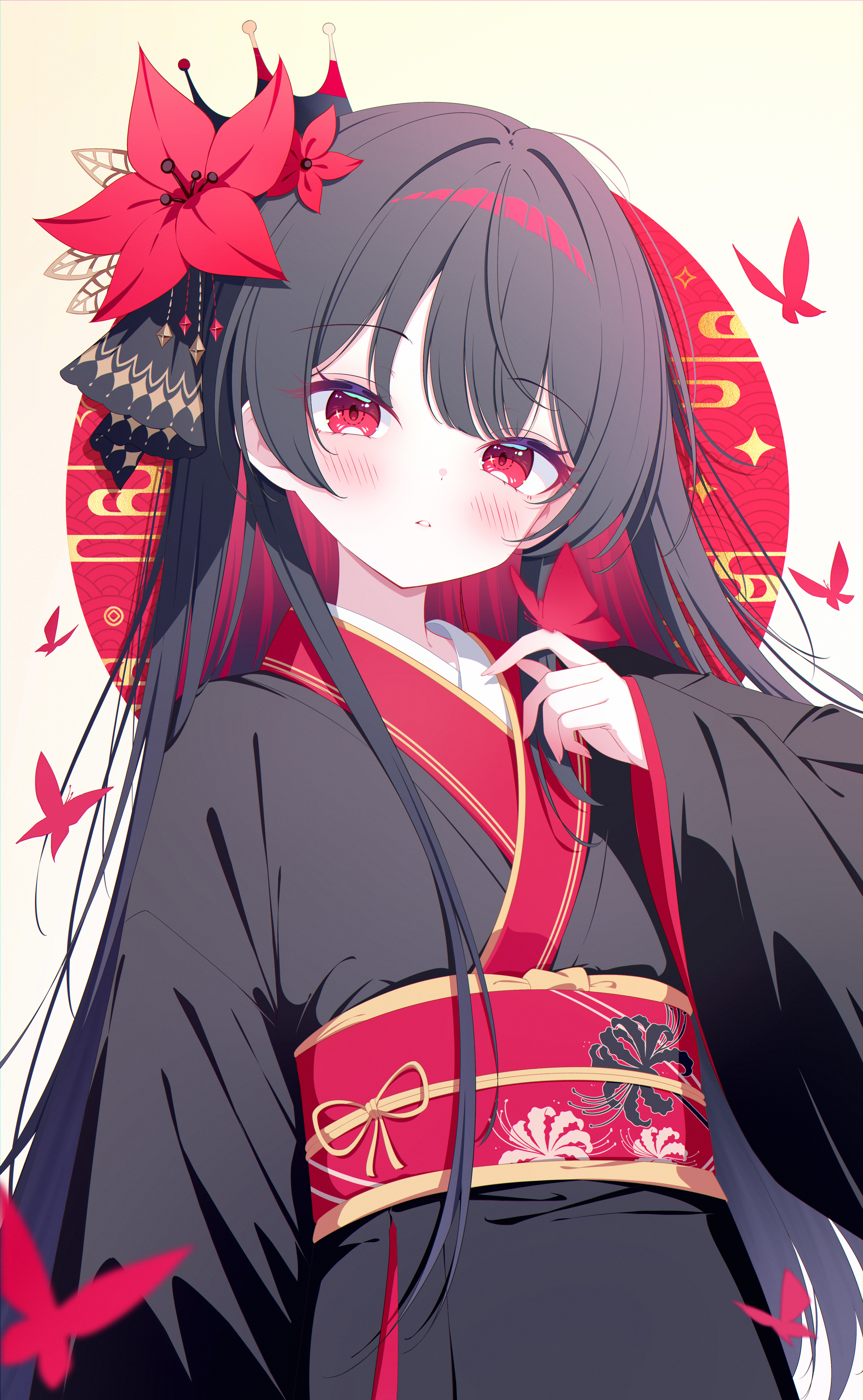 ohako miyu, nikaido hiro, mahou shoujo no majo saiban, absurdres, commentary request, highres, translation request, 1girl, adapted costume, alternate costume, black hair, black kimono, blunt bangs, cowboy shot, flower, hair flower, hair ornament, hand up, japanese clothes, kimono, long hair, long sleeves, looking at viewer, obi, parted lips, red eyes, sash, signature, solo, wide sleeves