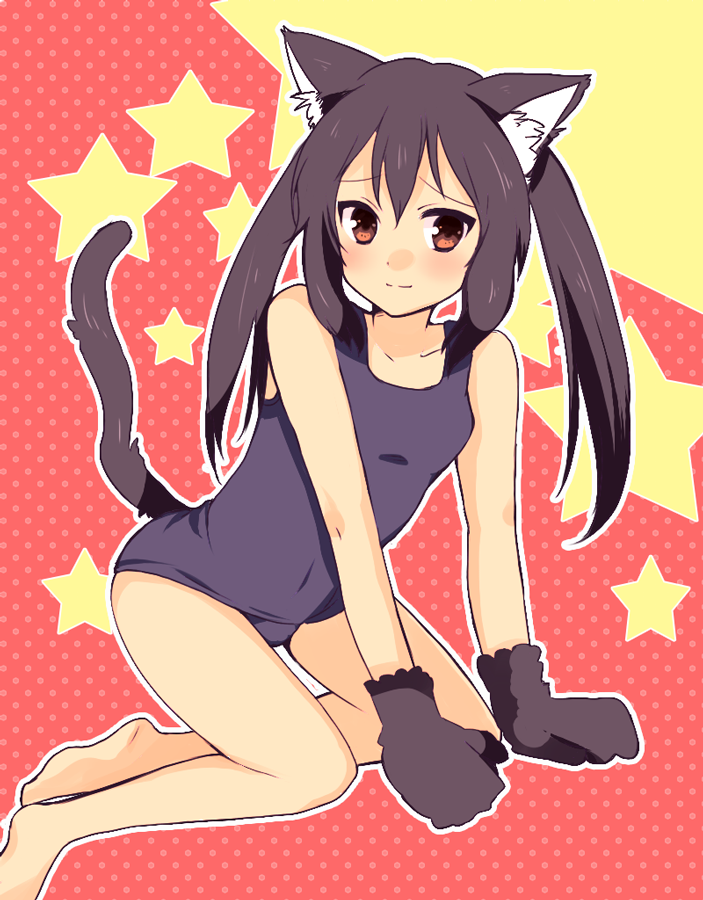 pimo, nakano azusa, k-on!, bad id, bad pixiv id, 00s, 1girl, animal ears, barefoot, black hair, brown eyes, cat ears, cat girl, female focus, flat chest, gloves, long hair, one-piece swimsuit, school swimsuit, solo, swimsuit, twintails