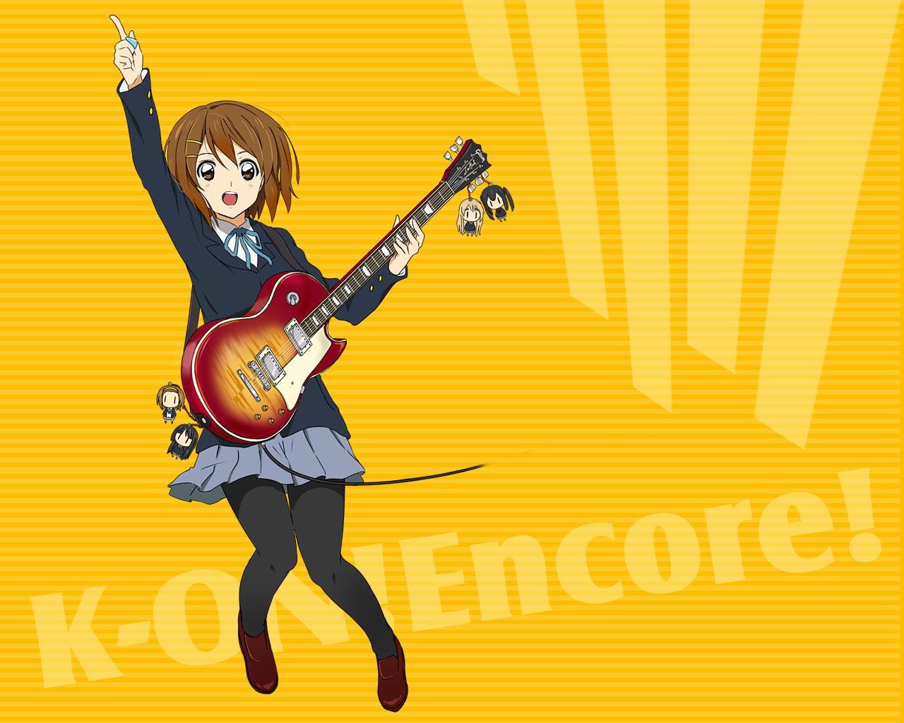 yuu (1007yu), akiyama mio, hirasawa yui, kotobuki tsumugi, nakano azusa, tainaka ritsu, gibson, k-on!, 00s, 1girl, brown eyes, brown hair, cameo, character doll, chibi, doll, electric guitar, female focus, gibson les paul, guitar, instrument, open mouth, pantyhose, plectrum, pointing, round teeth, school uniform, short hair, solo, teeth, | |