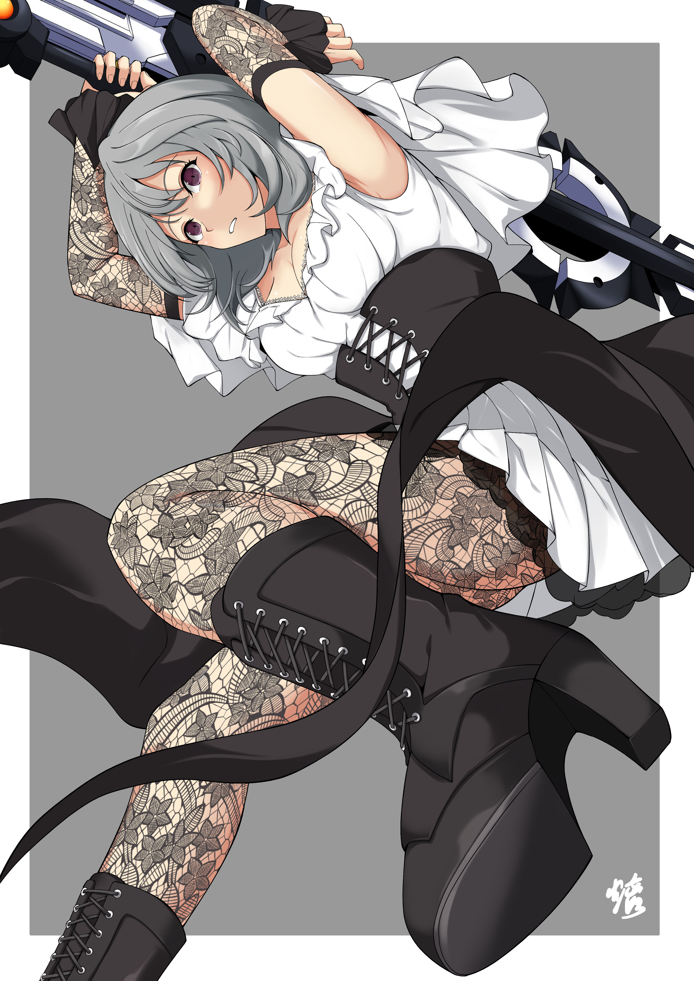 senri (senri03151221), hata matsuri, assault lily, absurdres, commentary request, highres, 1girl, arms up, artist name, black dress, black pantyhose, boots, border, breasts, cross-laced clothes, cross-laced dress, detached sleeves, dress, foot out of frame, frilled dress, frilled sleeves, frills, from below, grey background, grey hair, high heel boots, high heels, holding, holding behind back, holding weapon, holding weapon behind back, knee boots, lace, lace-up boots, lace pantyhose, lace sleeves, layered dress, leg up, long sleeves, looking at viewer, looking down, medium breasts, medium hair, outside border, pantyhose, parted lips, platform heels, pleated dress, purple eyes, shoe soles, short sleeves, simple background, solo, standing, standing on one leg, two-tone dress, weapon, white border, white dress