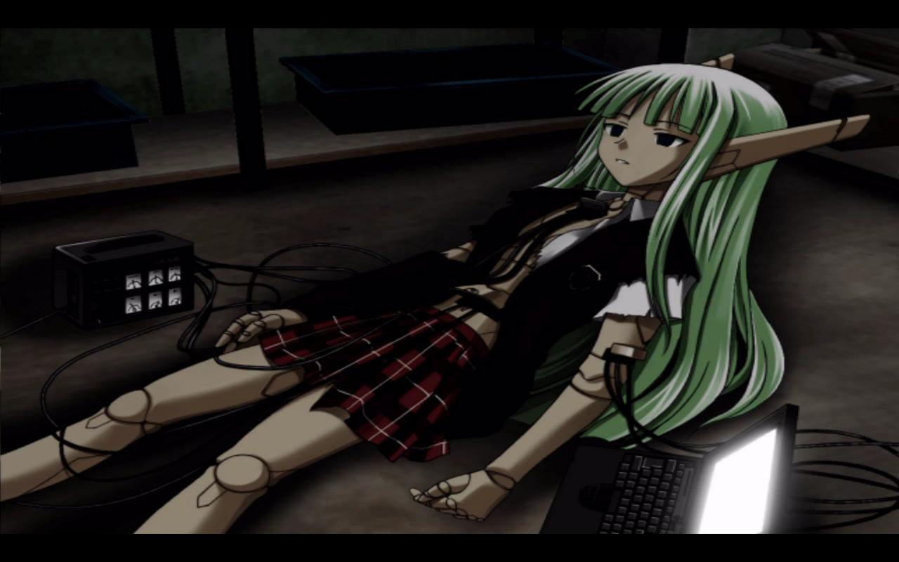 karakuri chachamaru, mahou sensei negima!, bad aspect ratio, 00s, 1girl, computer, female focus, green hair, laptop, robot, robot ears, skirt, solo