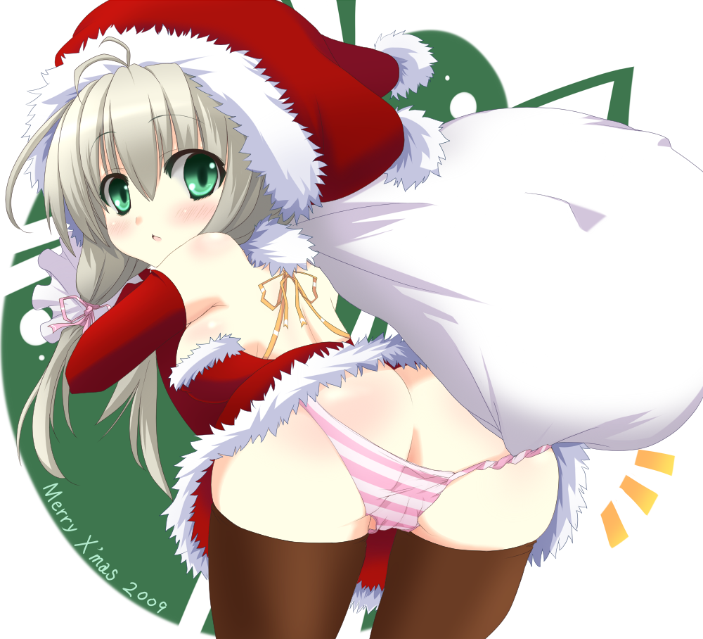 kuronekogata, original, 1girl, ass, bare shoulders, bent over, blush, christmas, elbow gloves, female focus, from behind, gloves, green eyes, hat, long hair, looking back, panties, panty pull, red gloves, ribbon, santa costume, santa hat, solo, striped clothes, striped panties, thighhighs, twintails, underwear