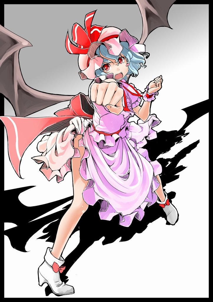 mak, remilia scarlet, touhou, bad id, bad pixiv id, 1girl, bat wings, blue hair, blush stickers, clenched hand, clenched hands, fang, female focus, foreshortening, hat, legs, red eyes, ribbon, short hair, solo, wings