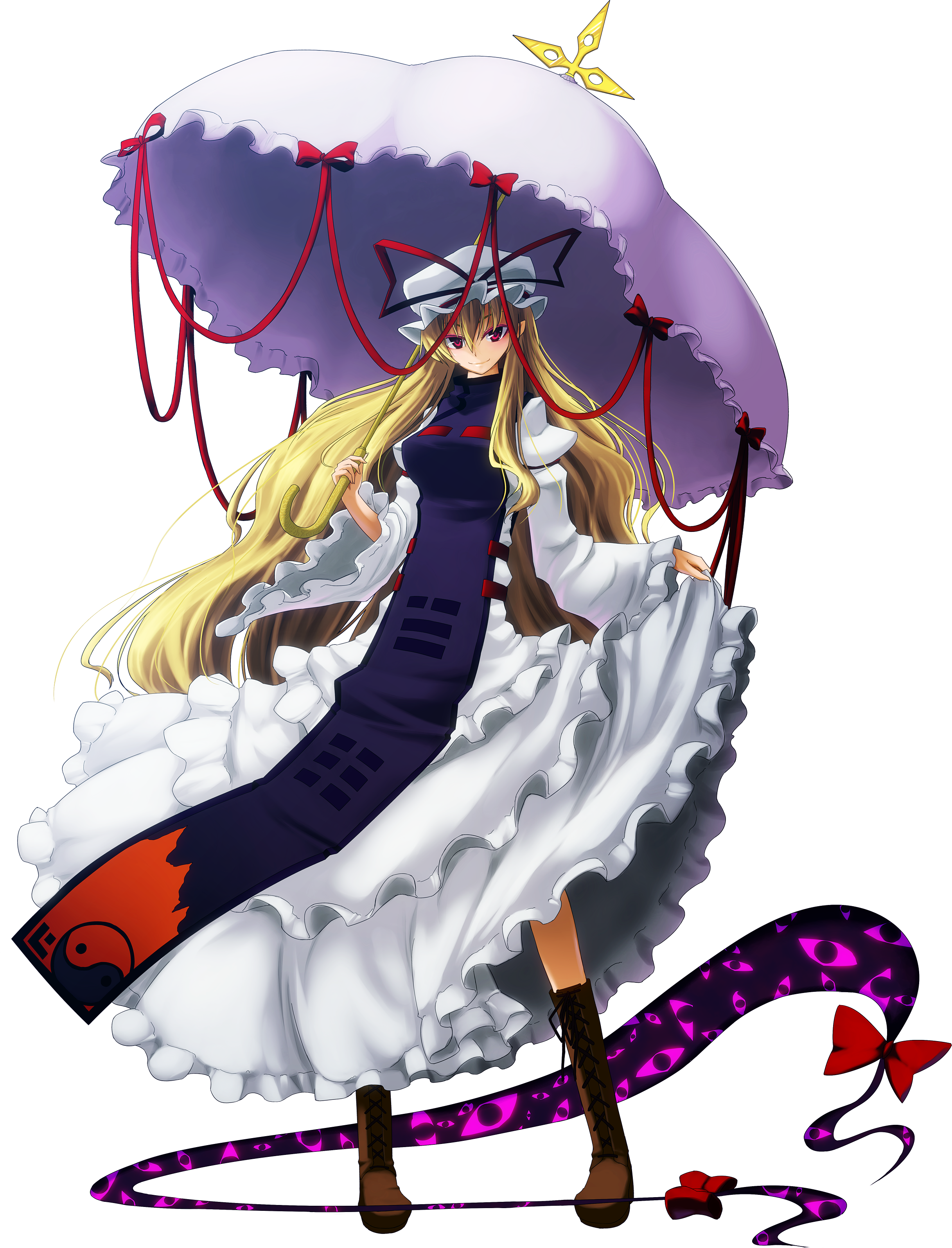din (artist), din (flypaper), yakumo yukari, touhou, absurdres, highres, md5 mismatch, 1girl, blonde hair, female focus, full body, gap (touhou), hat, long hair, purple eyes, solo, transparent background, umbrella, very long hair