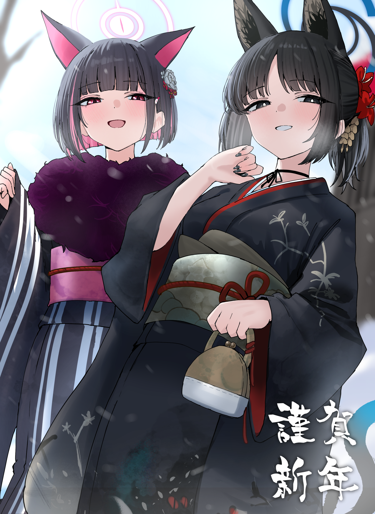 nichijou (nichijoutouhou), kazusa (blue archive), kikyou (blue archive), blue archive, commentary request, highres, translation request, 2girls, alternate costume, alternate hairstyle, animal ears, black eyes, black hair, black kimono, black nails, blue halo, blunt bangs, blunt ends, cat ears, cat girl, cat tail, colored inner hair, extra ears, flower, fur-trimmed kimono, fur trim, green sash, grin, hair flower, hair ornament, halo, japanese clothes, kimono, multicolored hair, multiple girls, nengajou, new year, obi, open mouth, parted bangs, pink hair, pink halo, pink sash, ponytail, red eyes, red flower, sash, short hair, smile, tail, two-tone hair