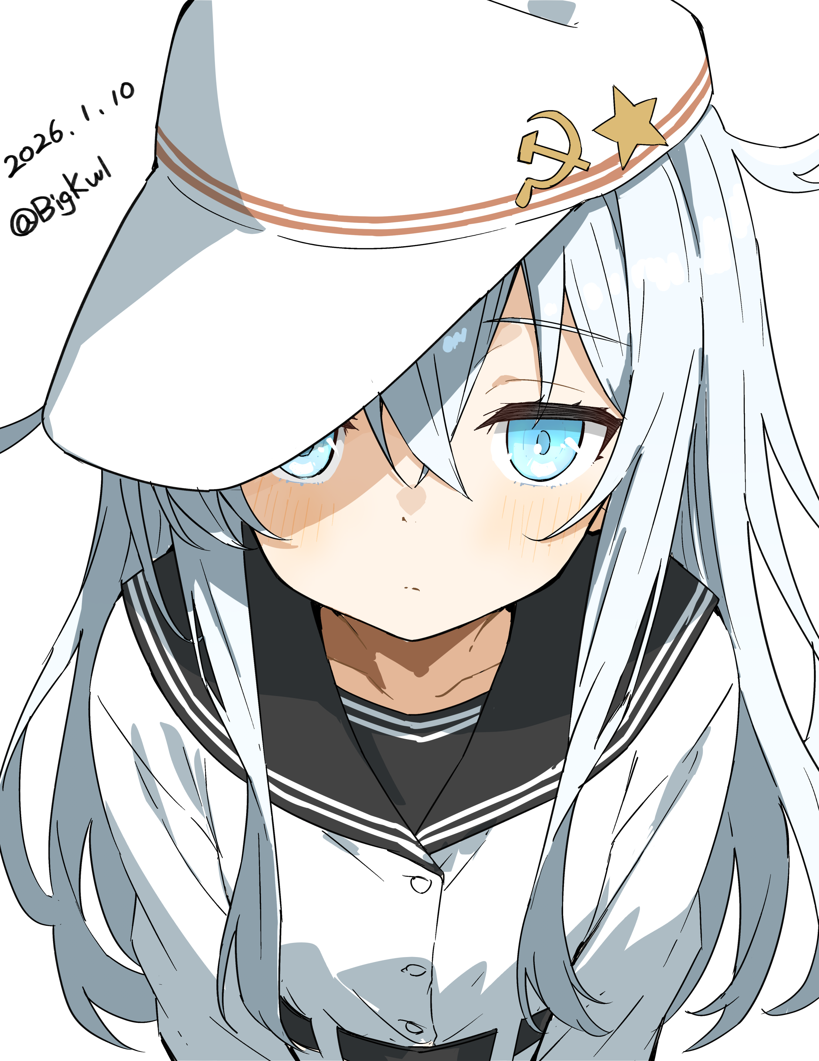 bigkwl, hibiki (kancolle), verniy (kancolle), kantai collection, absurdres, commentary, highres, mixed-language commentary, 1girl, black sailor collar, blue eyes, blue hair, dated, dated commentary, flat cap, hair between eyes, hat, long hair, looking at viewer, neckerchief, one-hour drawing challenge, russian commentary, sailor collar, school uniform, serafuku, simple background, solo, twitter username, upper body, white background, white hat