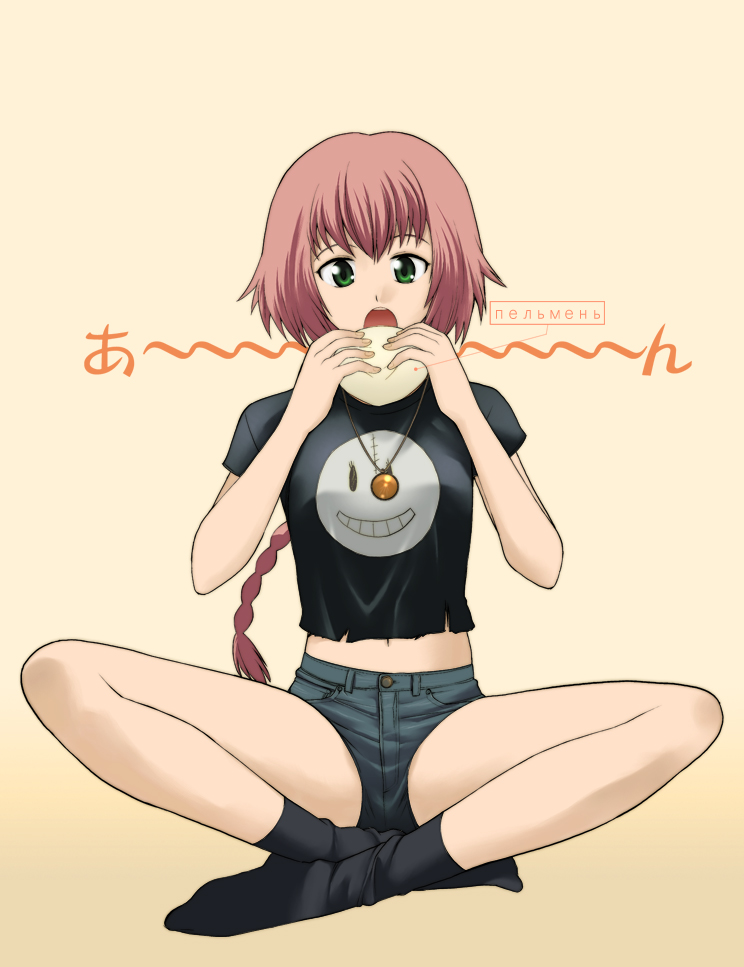 kikumaru bunta, suou pavlichenko, darker than black, translated, 00s, 1girl, crop top, cyrillic, denim, denim shorts, eating, female focus, full body, green eyes, midriff, red hair, russian text, shorts, solo, torn clothes