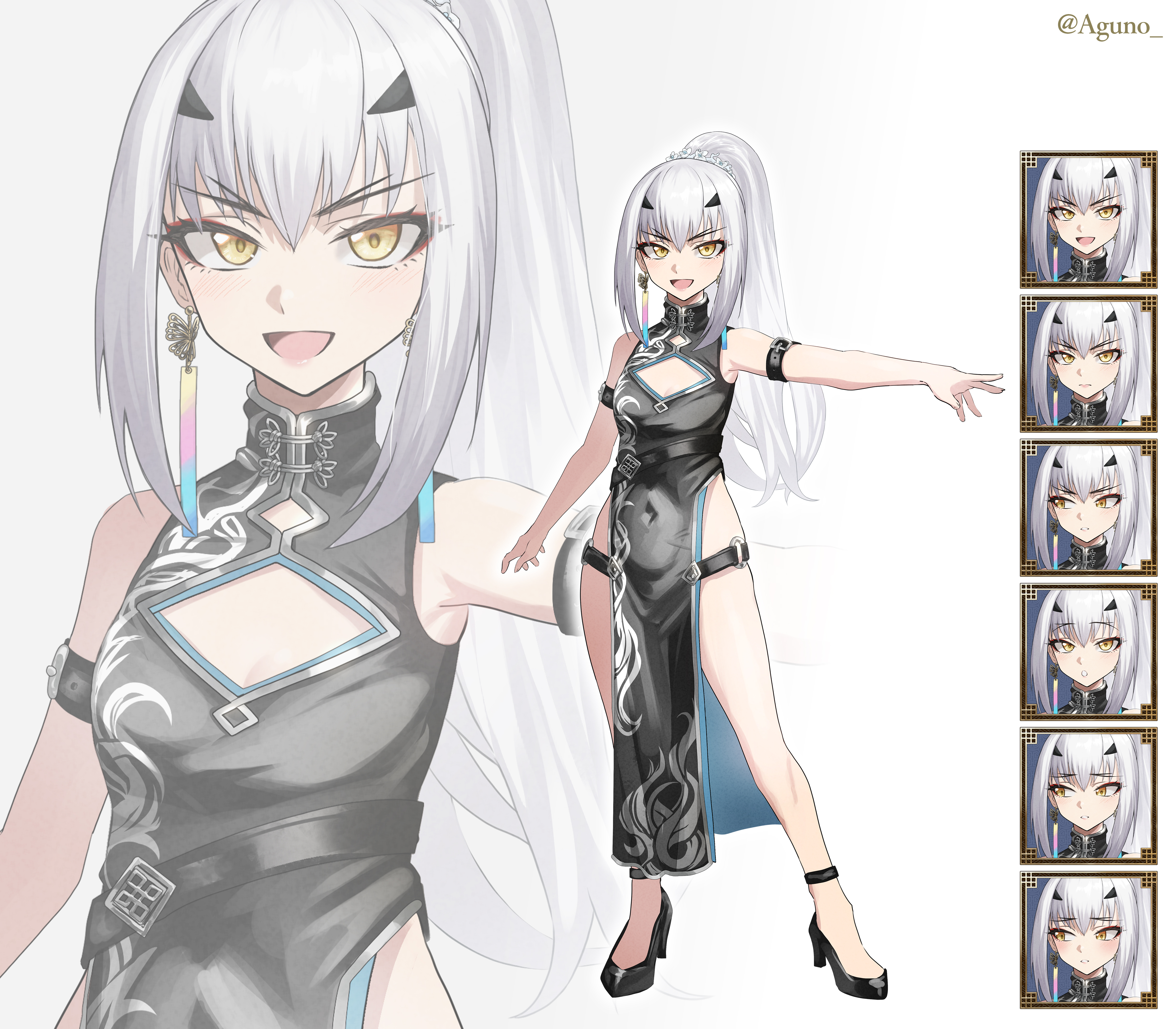 shibao aoyama, melusine (fate), fate/grand order, fate (series), absurdres, commentary request, highres, 1girl, arm strap, bare shoulders, black dress, blue trim, blush, breasts, china dress, chinese clothes, cleavage cutout, clothing cutout, covered navel, dress, earrings, forked eyebrows, full body, high heels, high ponytail, jewelry, long hair, looking at viewer, multiple views, one eye closed, open mouth, pelvic curtain, ponytail, side slit, sidelocks, silver trim, small breasts, smile, thigh strap, white hair, yellow eyes