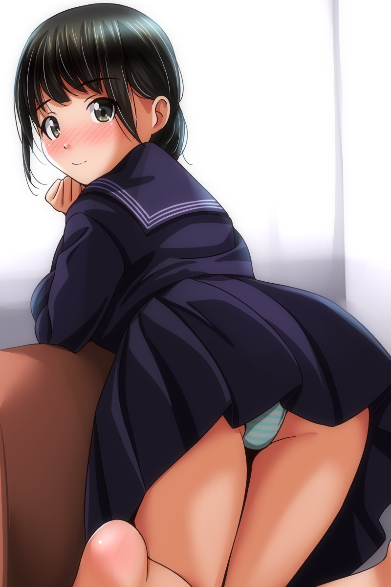 matsunaga kouyou, original, 1girl, ass, barefoot, black hair, black shirt, black skirt, blue panties, blush, brown eyes, couch, from behind, head rest, kneeling, long sleeves, looking at viewer, looking back, on couch, panties, school uniform, shirt, short hair, skirt, smile, striped clothes, striped panties, underwear, window