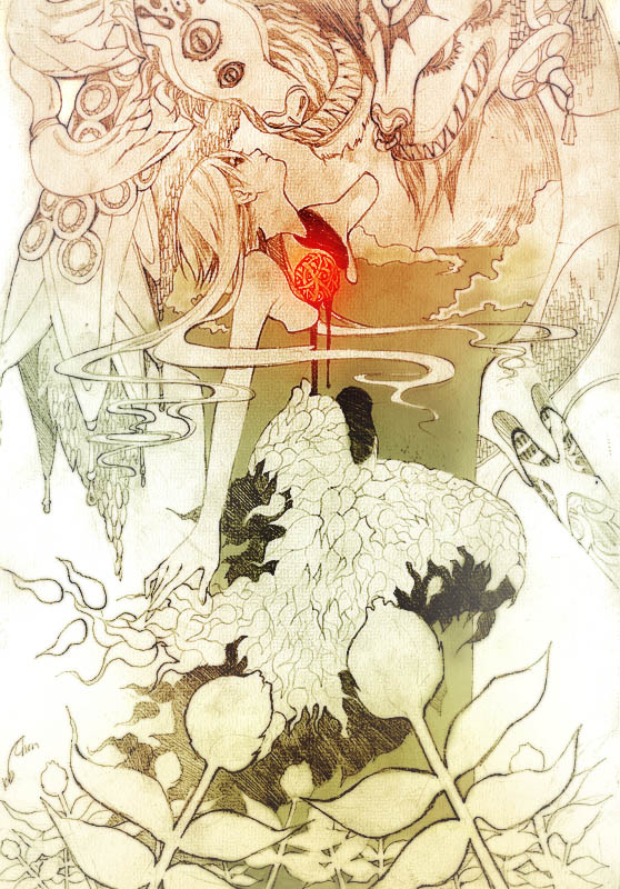 kidchan, gender request, traditional media, abstract, androgynous, blood, brown theme, cloud, flower, guro, monster, short hair, surreal