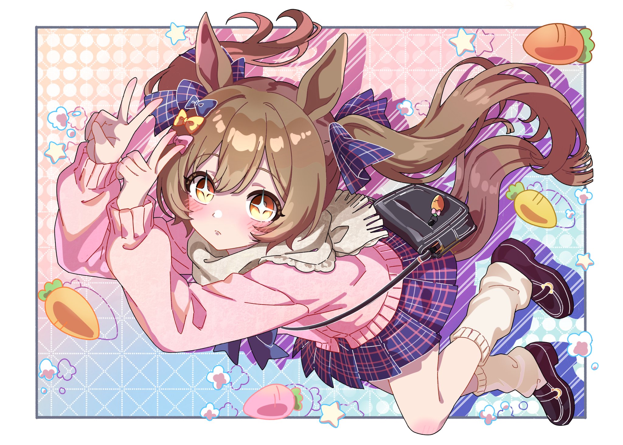 bin ze u, smart falcon (casual) (umamusume), smart falcon (umamusume), umamusume, highres, + +, 1girl, animal ears, bag, blush, bow, brown eyes, brown hair, carrot, casual, closed mouth, double v, hair between eyes, hair bow, hair ornament, horse ears, horse girl, horse tail, long hair, long sleeves, looking at viewer, loose socks, pink shirt, pink sweater, plaid clothes, plaid skirt, purple bow, shirt, shoes, skirt, socks, solo, star (symbol), sweater, tail, twintails, v, white socks, yellow bow