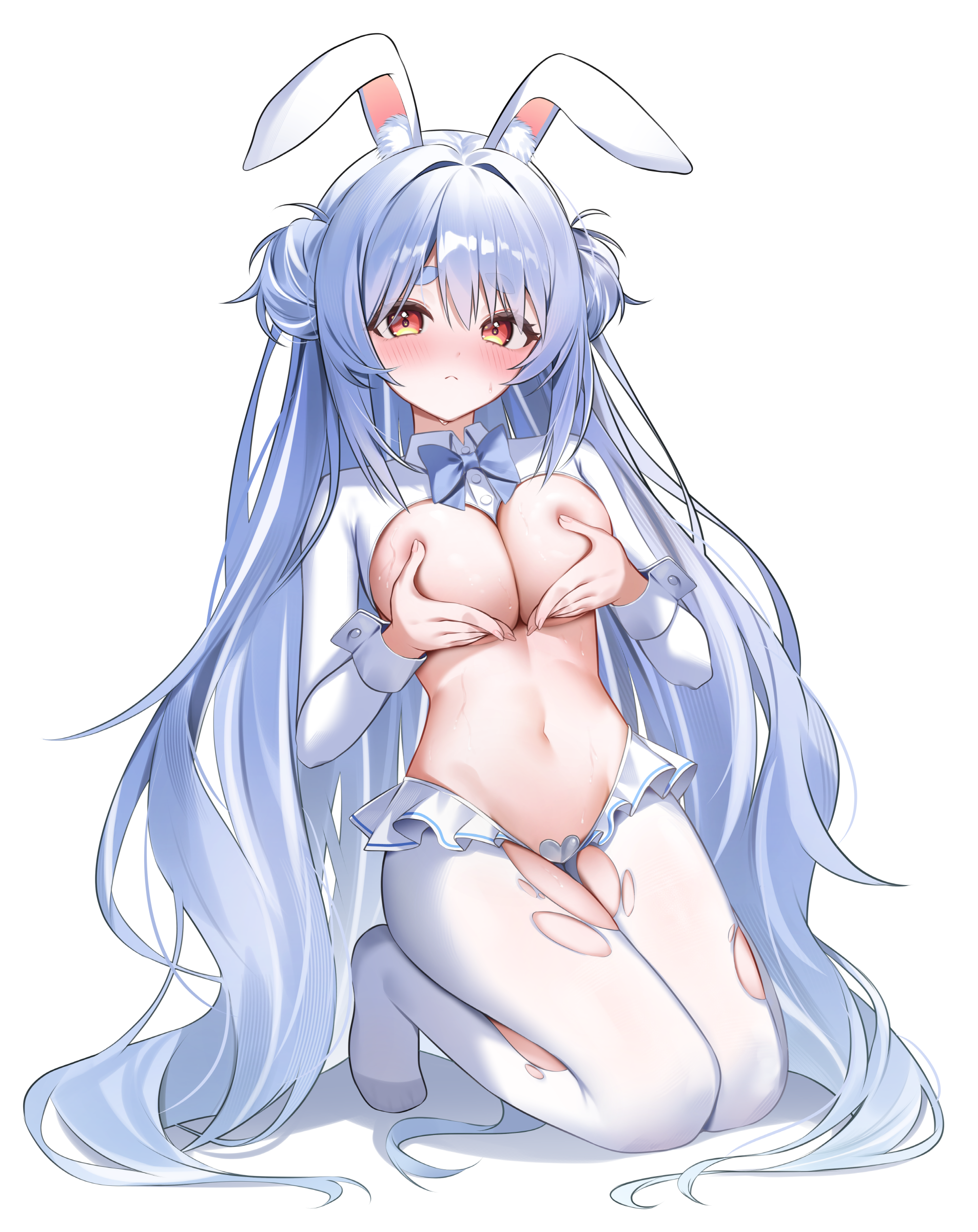 shuvi (shuvi1125), usada pekora, hololive, absurdres, commentary, highres, 1girl, animal ears, blue bow, blue bowtie, blue hair, blue trim, blush, bow, bowtie, breasts, cleavage, closed mouth, covering breasts, covering privates, double bun, fake animal ears, frills, full body, furrowed brow, hair between eyes, hair bun, heart maebari, kneeling, legs, long hair, long sleeves, looking at viewer, maebari, medium breasts, navel, orange eyes, pantyhose, playboy bunny, rabbit ears, reverse bunnysuit, reverse outfit, shrug (clothing), sidelocks, simple background, sleeve cuffs, solo, stomach, thighs, torn clothes, torn pantyhose, very long hair, virtual youtuber, white background, white pantyhose, white shrug, wrist cuffs