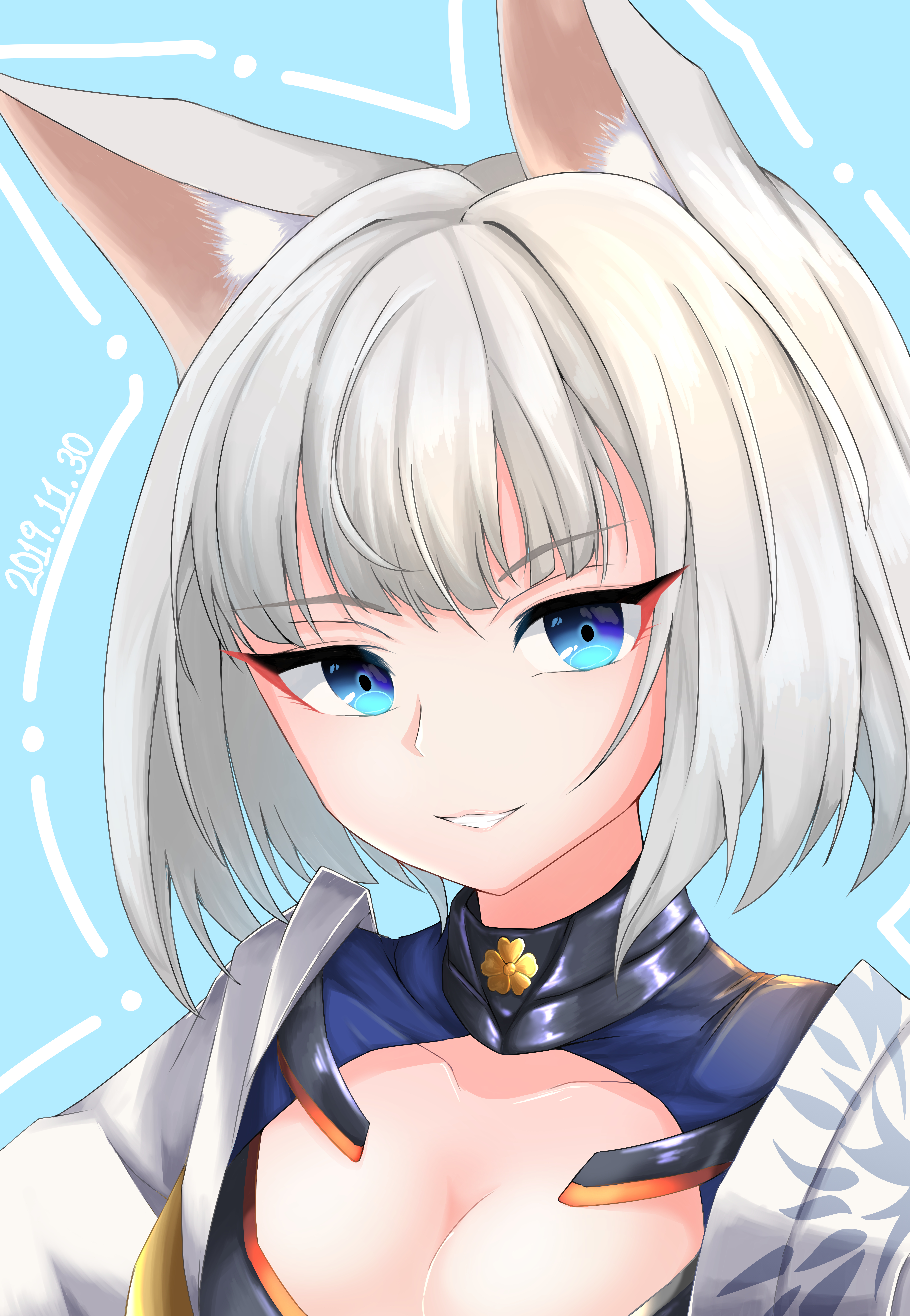 vaviva, kaga (azur lane), azur lane, absurdres, commentary, highres, mixed-language commentary, 1girl, animal ear fluff, animal ears, blue background, blue eyes, breasts, cleavage, dated, eyeliner, fox ears, light smile, looking at viewer, makeup, medium breasts, red eyeliner, sakuramon, short hair, simple background, solo, upper body, white hair