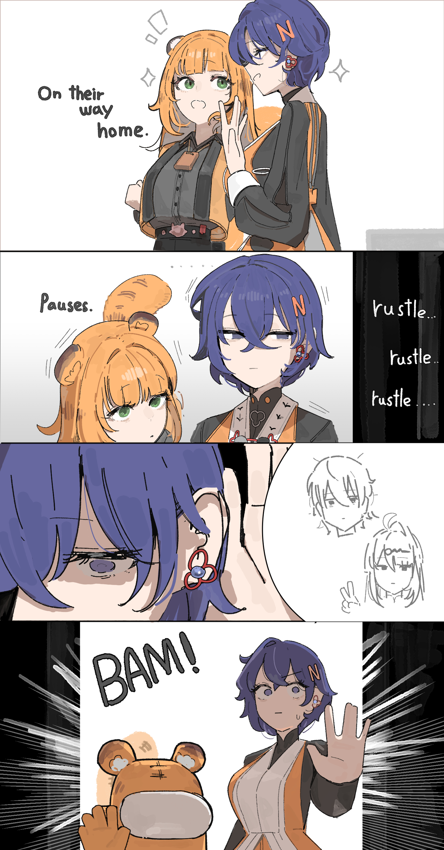 azz0422, belle (delicate sunlight) (zenless zone zero), belle (zenless zone zero), crewmate (among us), ju fufu, wise (soaring crane) (zenless zone zero), wise (zenless zone zero), yixuan (zenless zone zero), among us, zenless zone zero, absurdres, highres, 1boy, 3girls, animal ears, blue eyes, blue hair, breasts, chinese clothes, hair between eyes, hair ornament, letter hair ornament, multiple girls, official alternate costume, open mouth, orange hair, short hair, tail, tiger ears, tiger girl, tiger tail