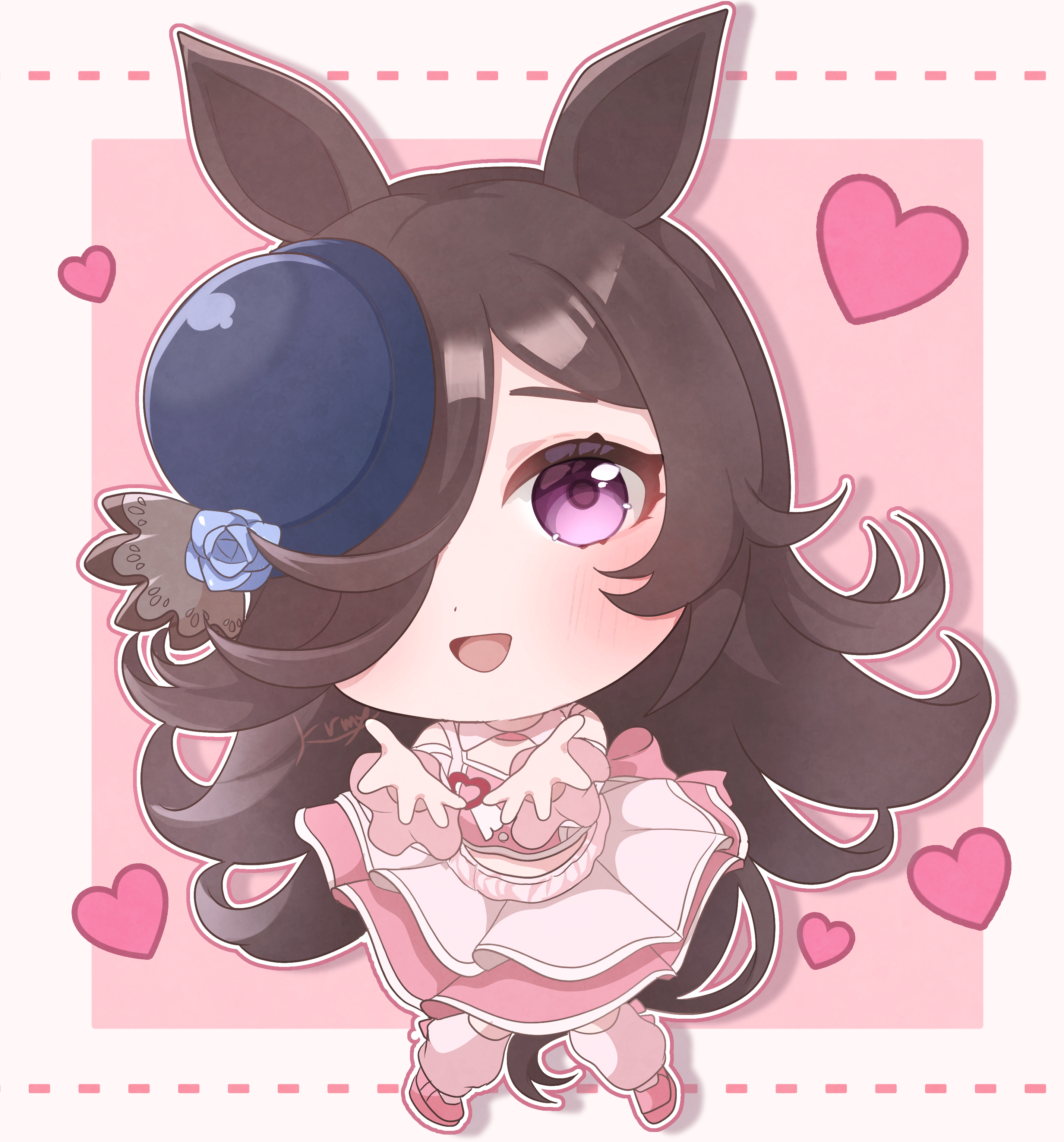 kurumiya (krmy p), rice shower (umamusume), umamusume, absurdres, highres, 1girl, animal ears, blue flower, blue hat, blue rose, blush, brown hair, chibi, chibi only, clothing cutout, cropped shirt, flipped hair, flower, hair over one eye, hat, hat flower, heart, horse ears, horse girl, horse tail, layered skirt, long hair, looking at viewer, loose socks, meni shuki rush-sshu!, open mouth, pink shirt, pink skirt, pink socks, purple eyes, reaching, reaching towards viewer, rose, shirt, shoulder cutout, skirt, smile, socks, solo, tail, tilted headwear