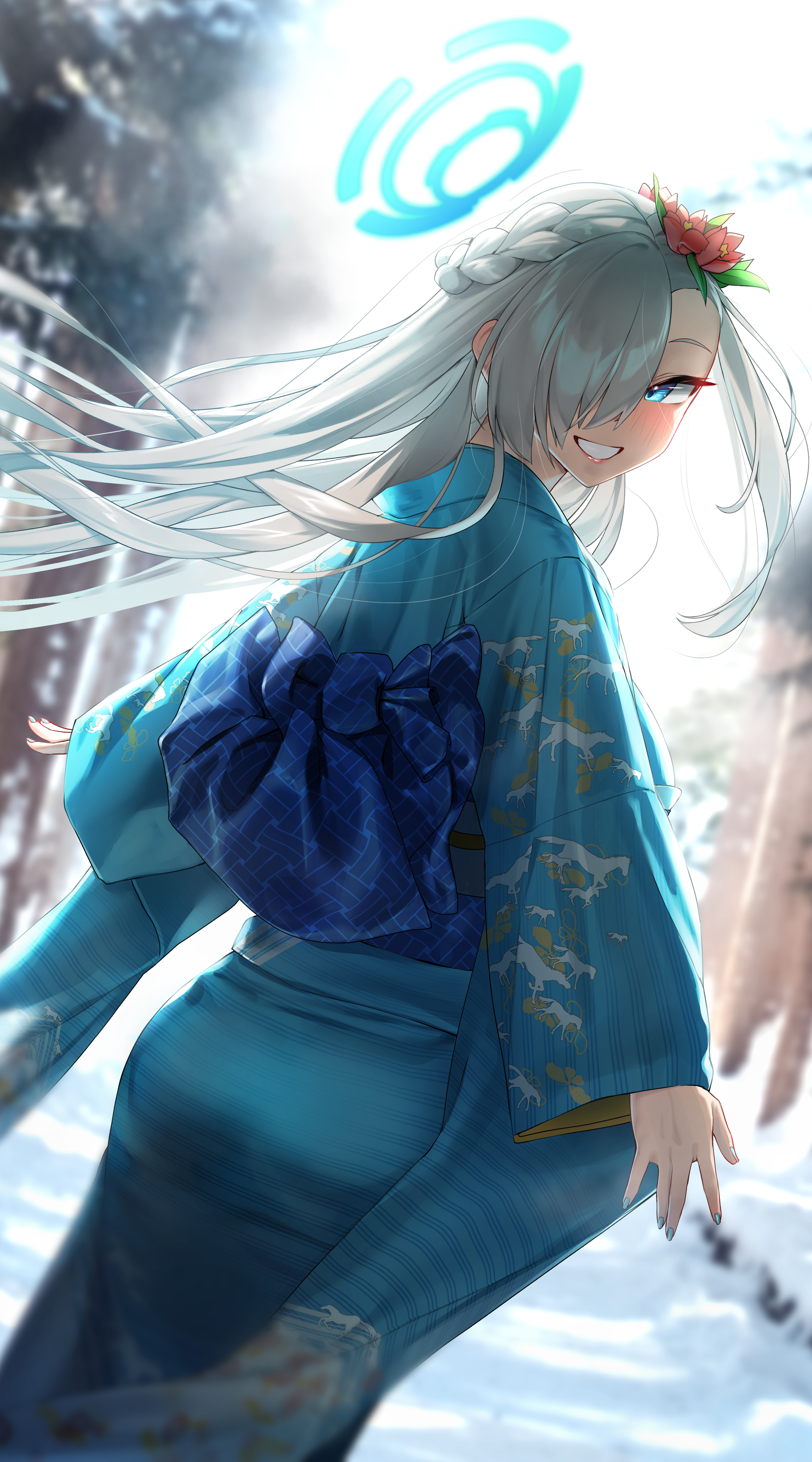 walking nakta, asuna (blue archive), blue archive, absurdres, commentary, highres, 1girl, alternate costume, back bow, blonde hair, blue bow, blue eyes, blue halo, blue kimono, blue sash, blush, bow, braid, flower, from behind, grin, hair flower, hair ornament, hair over one eye, halo, japanese clothes, kimono, long hair, outdoors, red flower, sash, smile, snow, solo