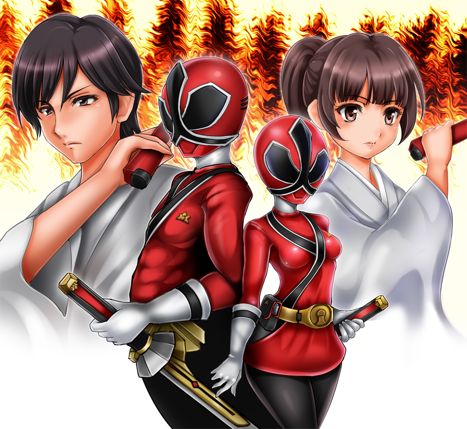 1041 (toshikazu), shiba kaoru, shiba takeru, shinken red, samurai sentai shinkenger, super sentai, 1boy, 1girl, age difference, animification, belt, breasts, cellphone, japanese clothes, mother and son, pantyhose, phone, sword, weapon