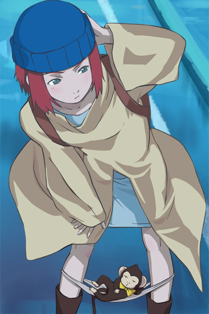 haruyama kazunori, kiki (l/r -licensed by royal-), noelle ardelade, l/r -licensed by royal-, tagme, 1girl, hat, monkey, panties, panty pull, red hair, underwear