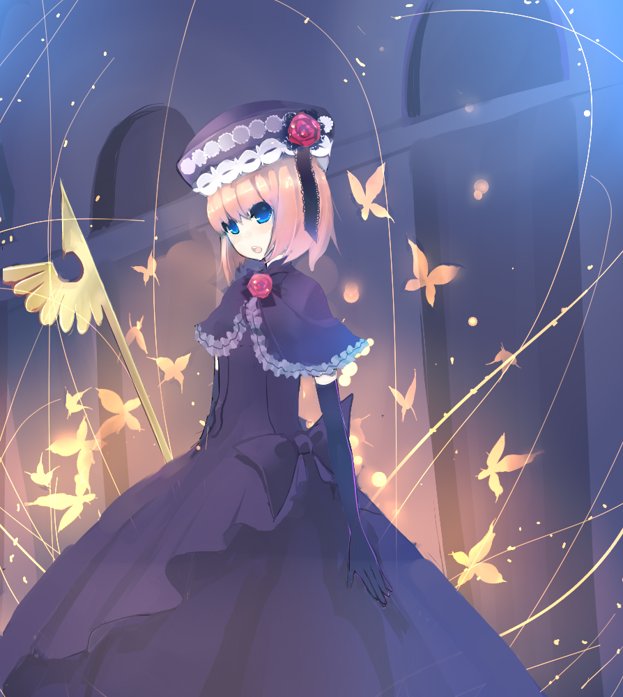 eva beatrice, umineko no naku koro ni, 00s, blue eyes, dress, elbow gloves, flower, gloves, hat, orange hair, rose, staff