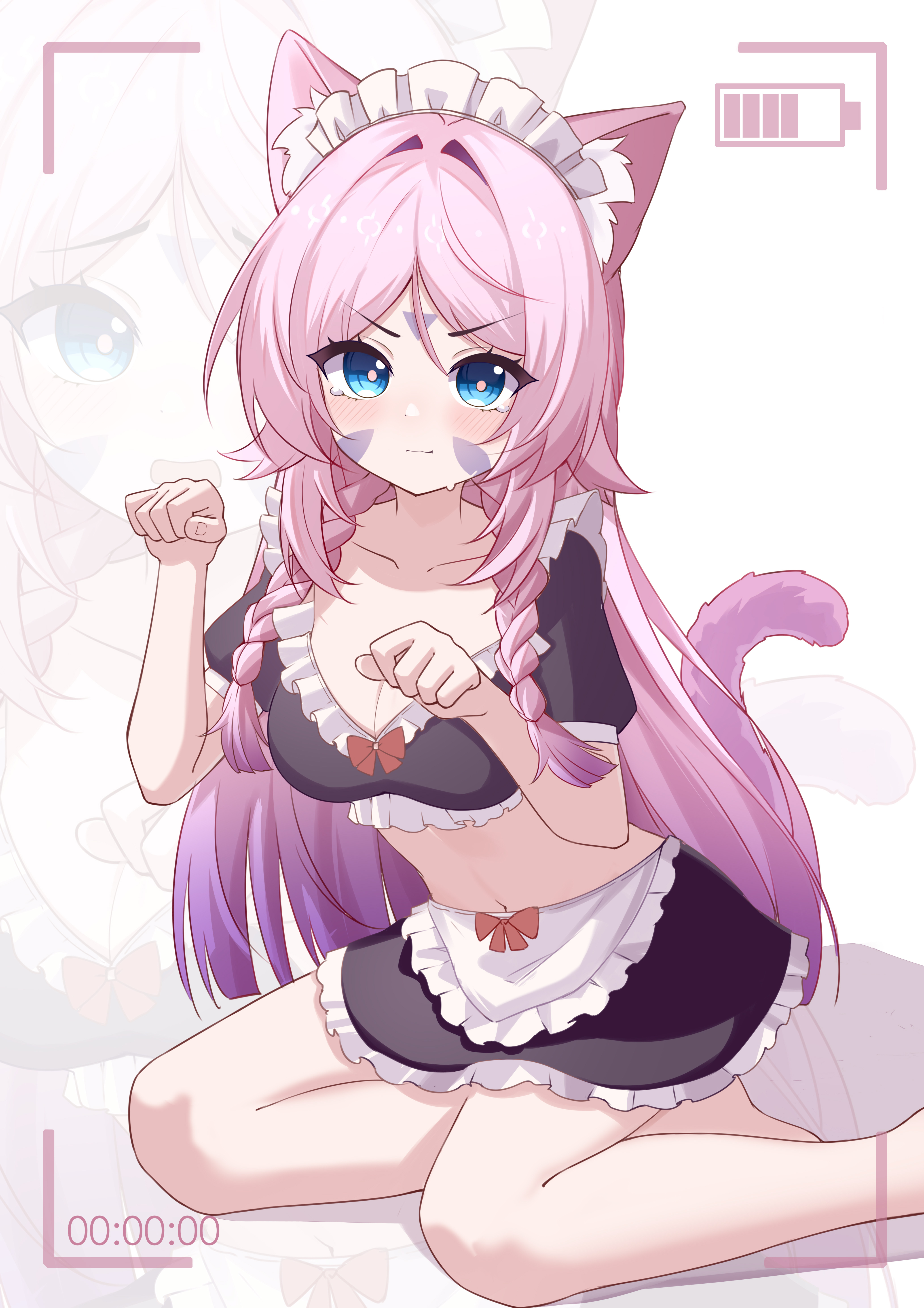 yaoli (ysxbd), citlali (genshin impact), genshin impact, absurdres, commentary, highres, large variant set, variant set, 1girl, alternate costume, animal ear fluff, animal ears, apron, black skirt, blue eyes, blush, bow, braid, breasts, cat ears, cat tail, cleavage, closed mouth, collarbone, crop top, enmaided, facial mark, foot out of frame, forehead mark, frilled apron, frilled hairband, frills, gradient hair, hairband, hands up, kemonomimi mode, long hair, looking at viewer, maid, maid headdress, medium breasts, multicolored hair, navel, paw pose, pink hair, pink pupils, purple hair, purple tail, red bow, sitting, skirt, stomach, tail, triangle, triangle facial mark, twin braids, very long hair, waist apron, white apron, white background, white hairband, zoom layer
