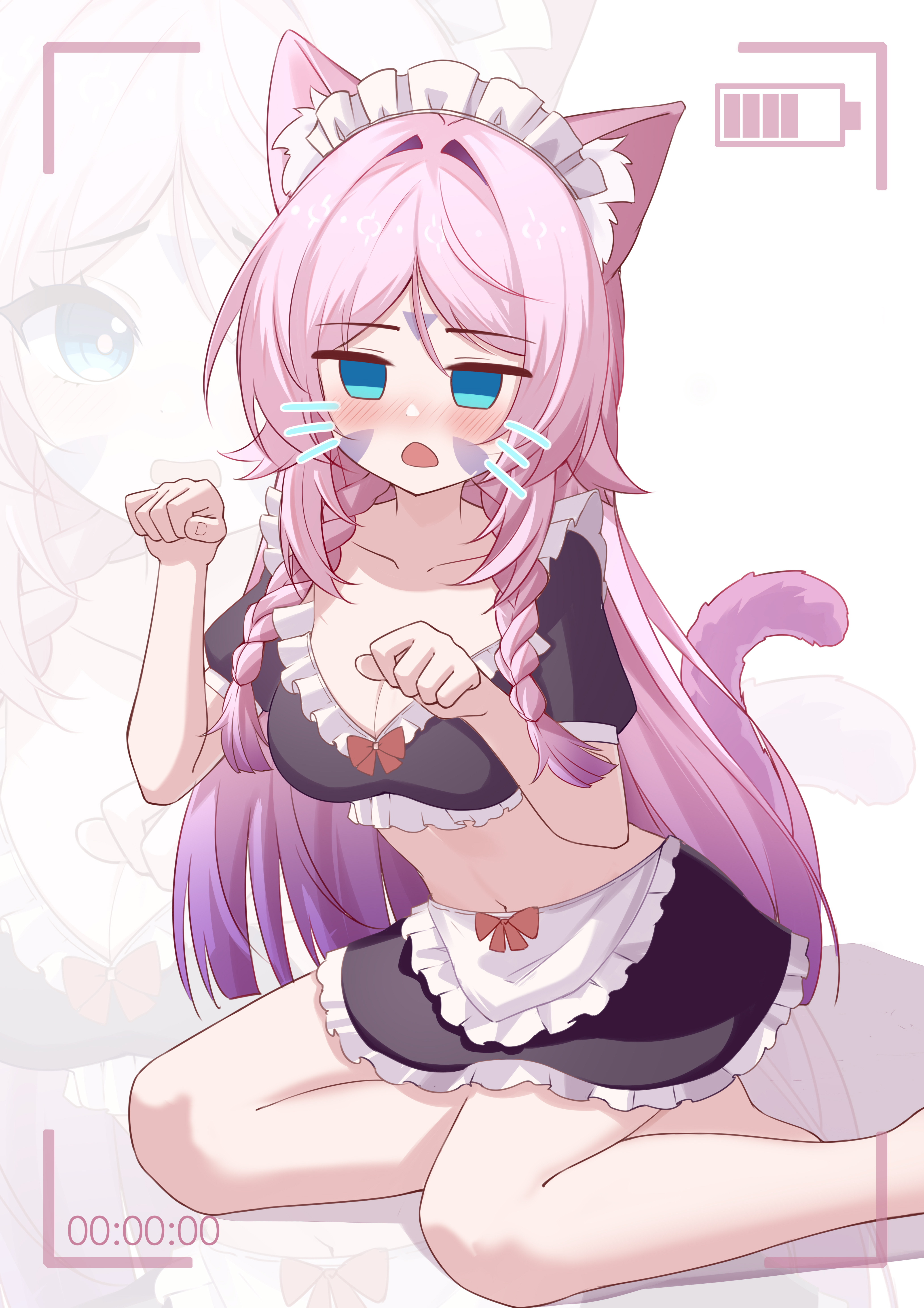 yaoli (ysxbd), citlali (genshin impact), genshin impact, absurdres, commentary, highres, large variant set, variant set, 1girl, alternate costume, animal ear fluff, animal ears, apron, black skirt, blue eyes, blush, bow, braid, breasts, cat ears, cat tail, cleavage, collarbone, crop top, drawn whiskers, enmaided, facial mark, foot out of frame, forehead mark, frilled apron, frilled hairband, frills, gradient hair, hairband, hands up, kemonomimi mode, long hair, looking at viewer, maid, maid headdress, medium breasts, multicolored hair, navel, open mouth, paw pose, pink hair, purple hair, purple tail, red bow, sitting, skirt, stomach, tail, triangle, triangle facial mark, twin braids, very long hair, waist apron, white apron, white background, white hairband, zoom layer
