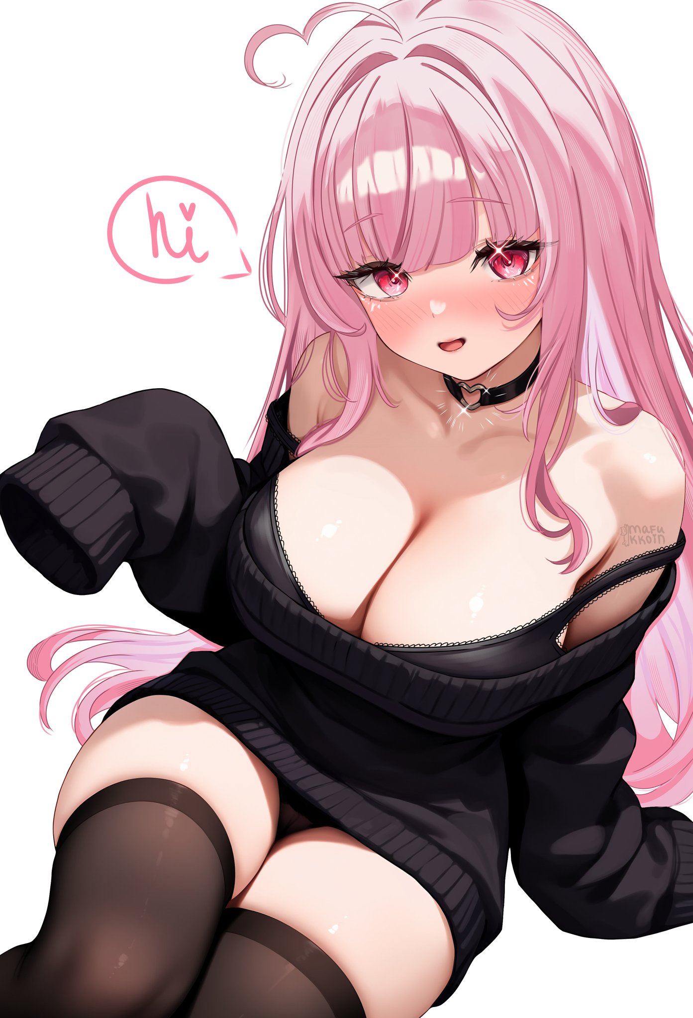 mafukkoin, mori calliope, hololive, hololive english, commentary, highres, symbol-only commentary, 1girl, :d, ahoge, black bra, black panties, black sweater, black thighhighs, blush, bra, breasts, cleavage, heart, heart ahoge, lace, lace-trimmed bra, lace trim, large breasts, legs together, long hair, looking at viewer, no pants, off shoulder, open mouth, panties, pink eyes, pink hair, sidelocks, simple background, sitting, sleeves past fingers, sleeves past wrists, smile, solo, speech bubble, sweater, thighhighs, underwear, very long hair, virtual youtuber, white background