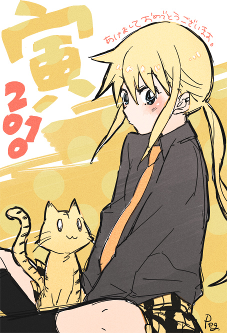 pe88y (yu tsugirls), kageyama torako, hyakko, plaid, bad id, bad pixiv id, 00s, 10s, 2010, blue eyes, blush, long hair, necktie, new year, orange hair, ponytail, school uniform, short hair, skirt, socks, solo, tiger